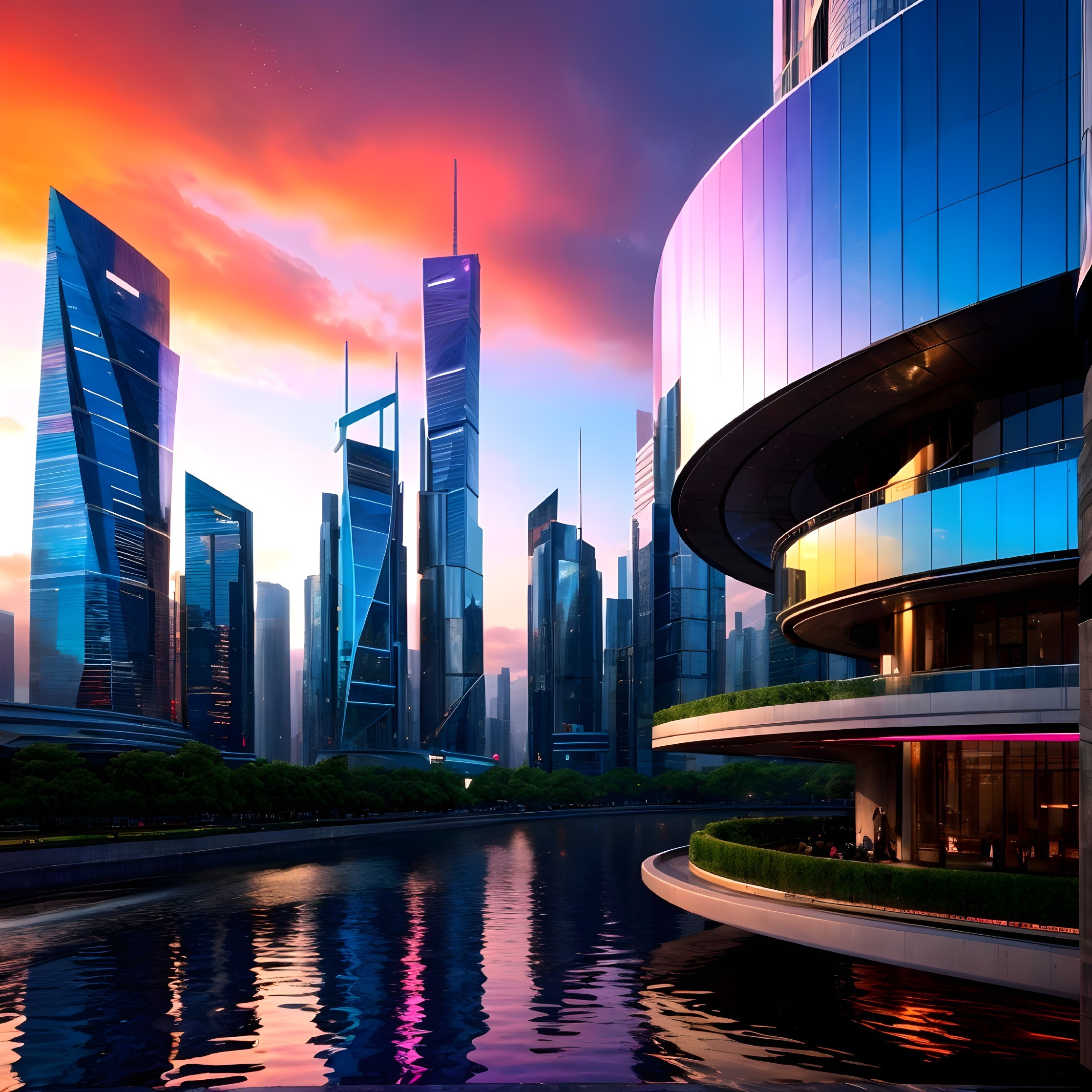 Vibrant Cityscape at Dusk with Modern Skyscrapers