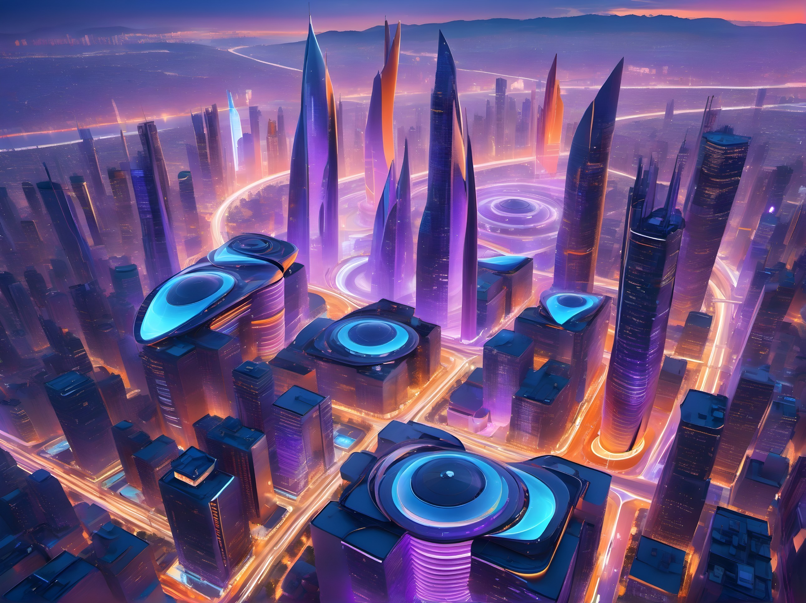 Futuristic cityscape with neon lights and skyscrapers