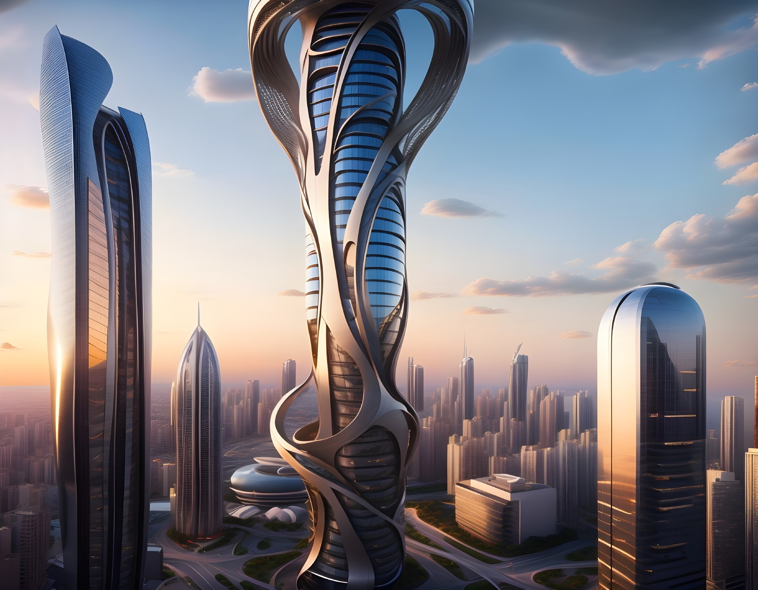 Futuristic City Skyline with Curving Skyscrapers