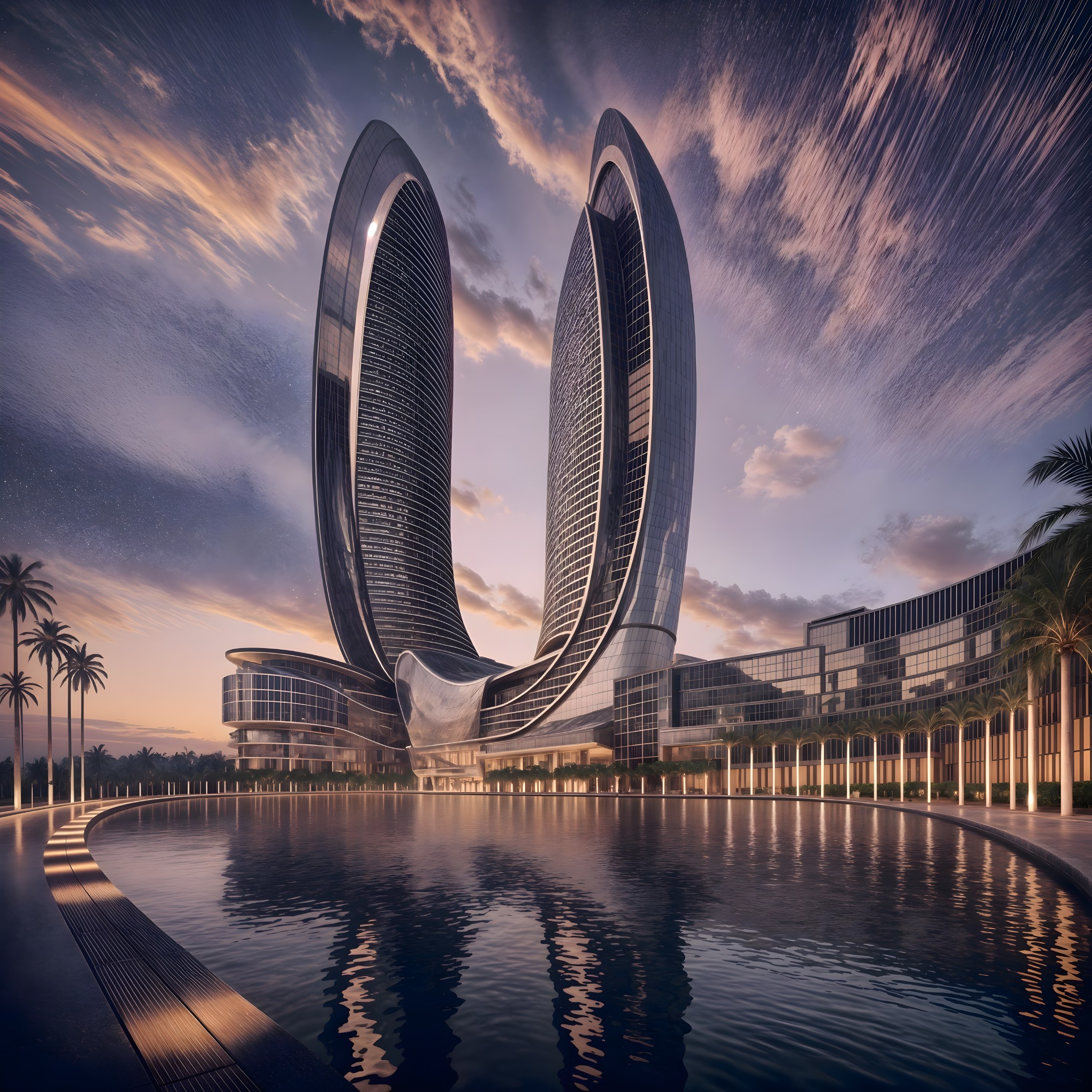 Modern building with curving towers and palm trees