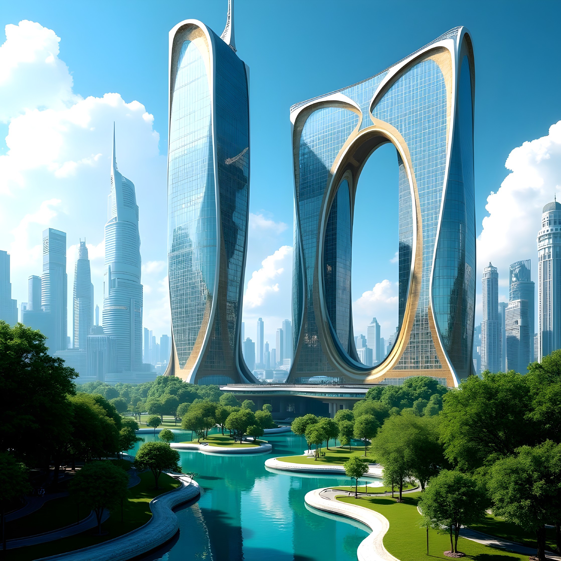 Futuristic skyline with unique towers and greenery