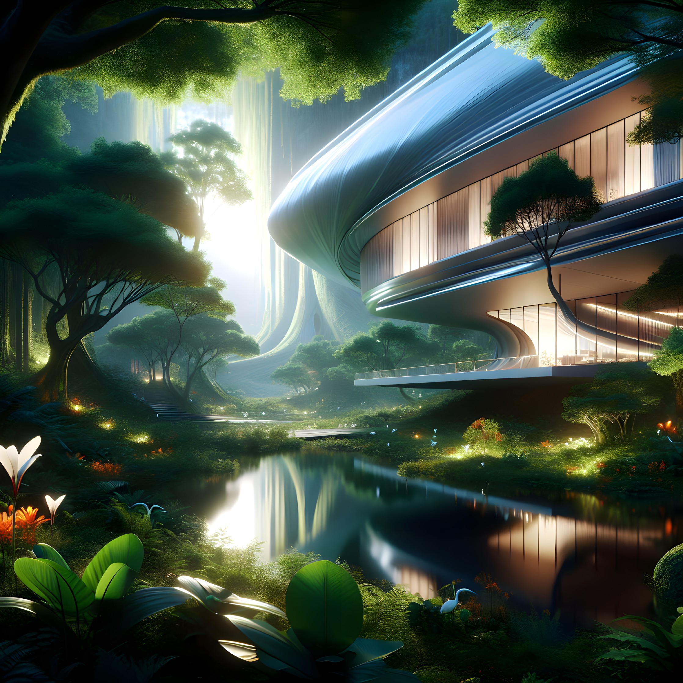 Futuristic Building in Lush Forest Setting