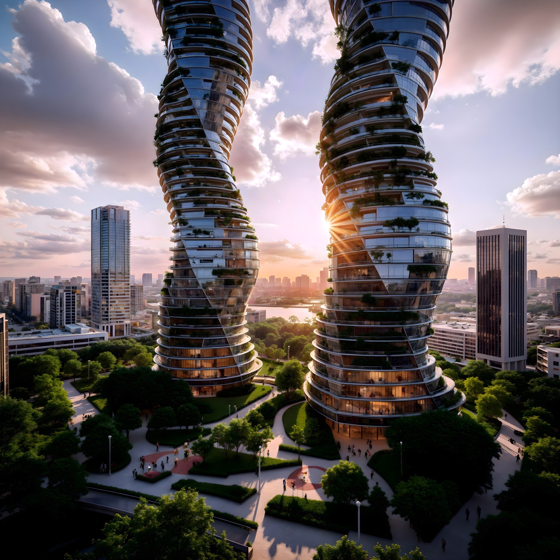 Spiraling Skyscrapers Amidst Urban Greenery and Park