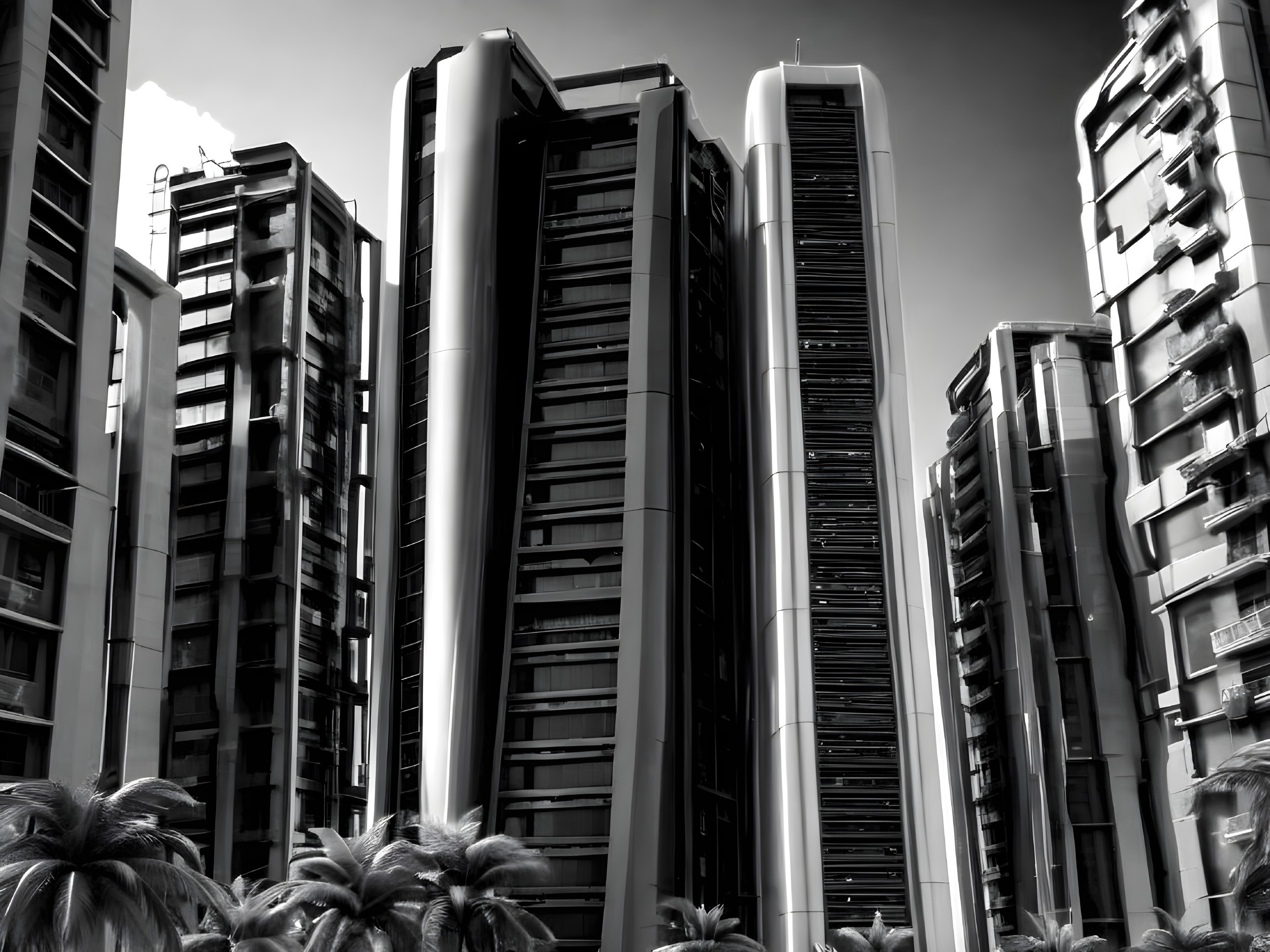 Black and White Image of Modern Skyscrapers and Palms