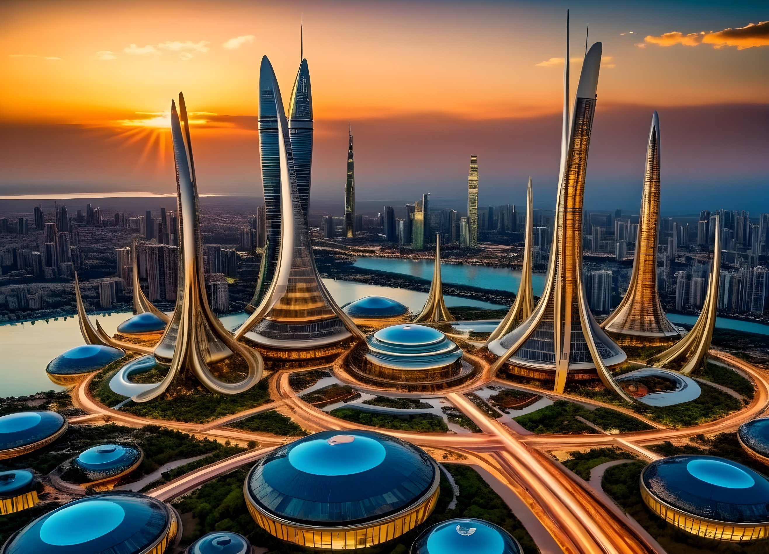 Futuristic cityscape at sunset with sleek architecture