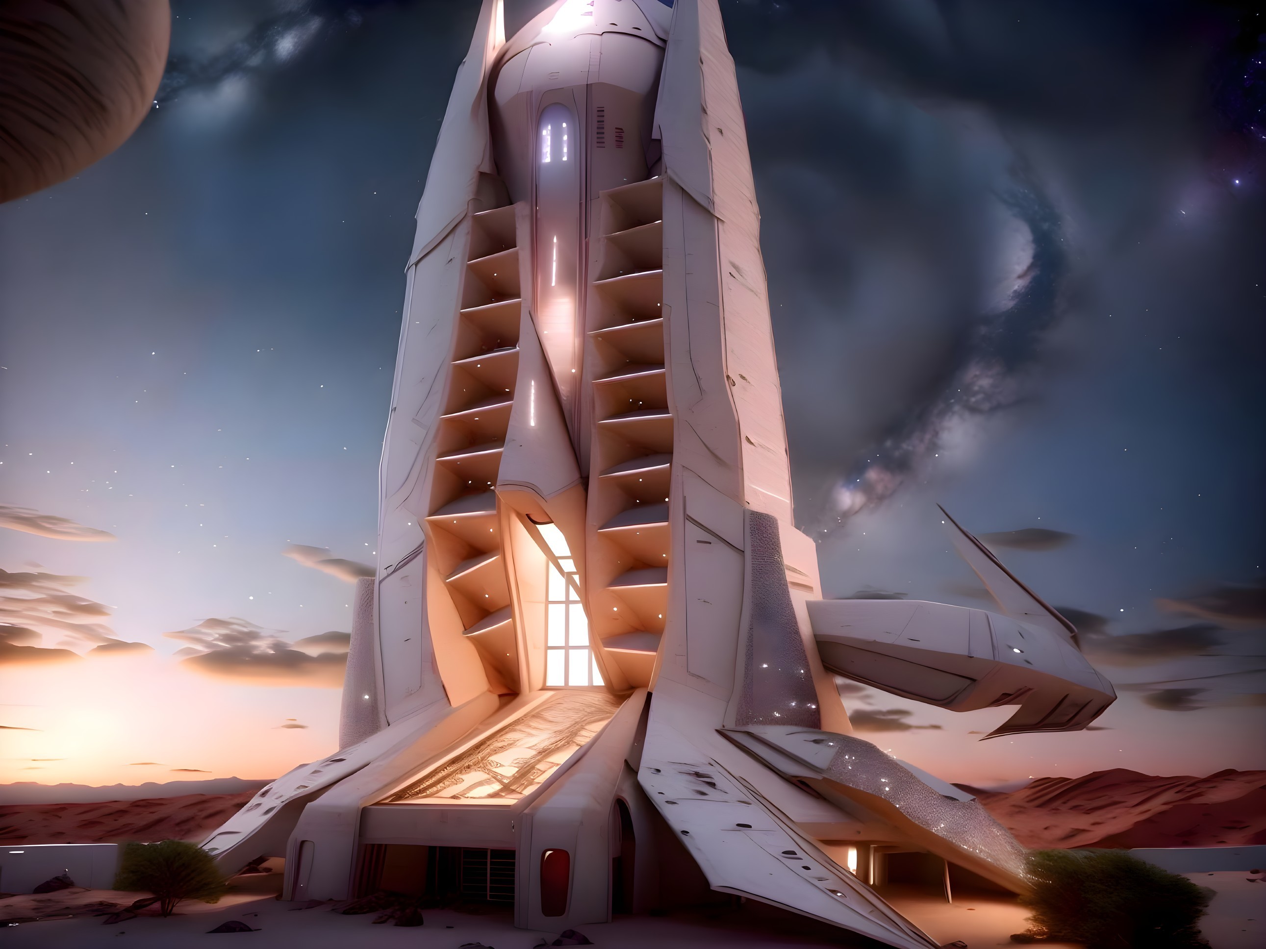 Futuristic Rocket Tower Against Twilight Sky