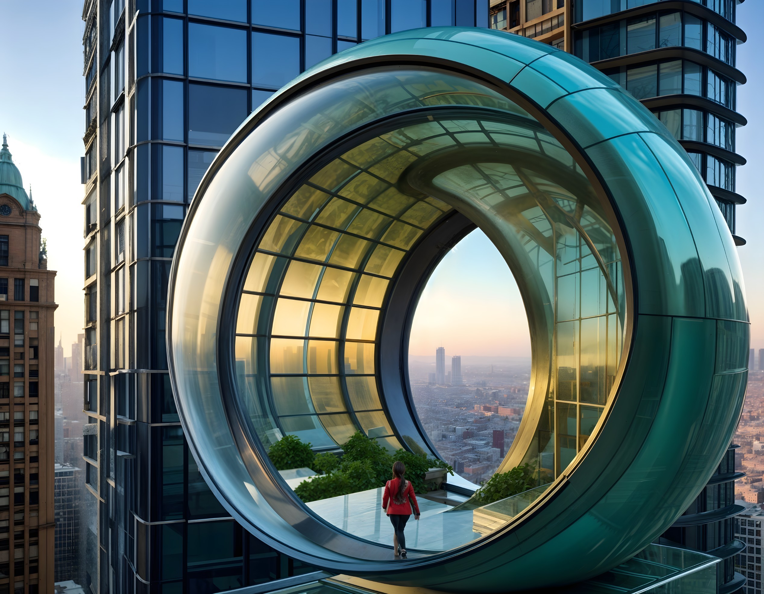 Futuristic Circular Structure Amidst Urban Skyscrapers