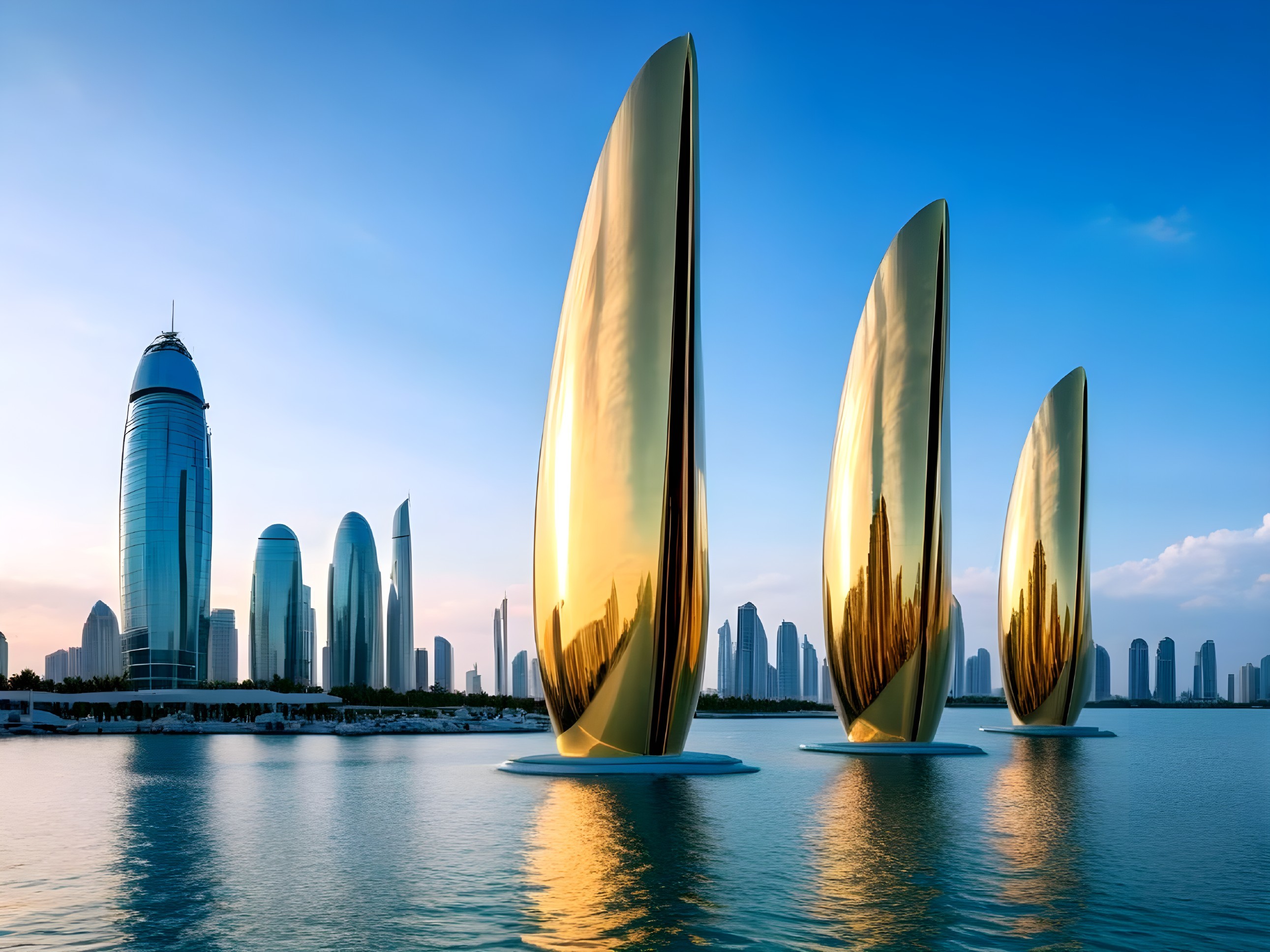 Modern City Skyline with Golden Sail Structures at Sunset