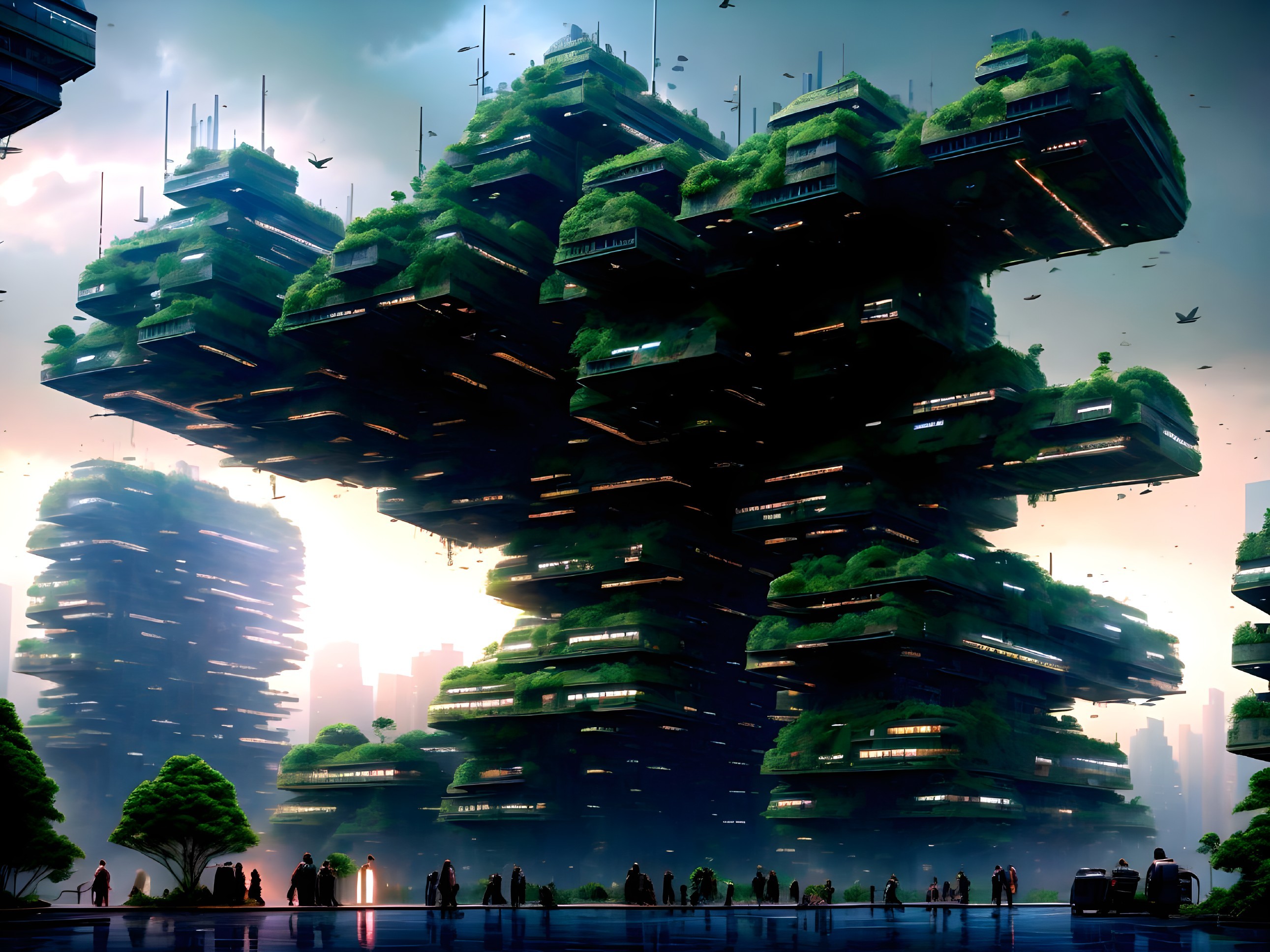 Futuristic cityscape with green-covered buildings