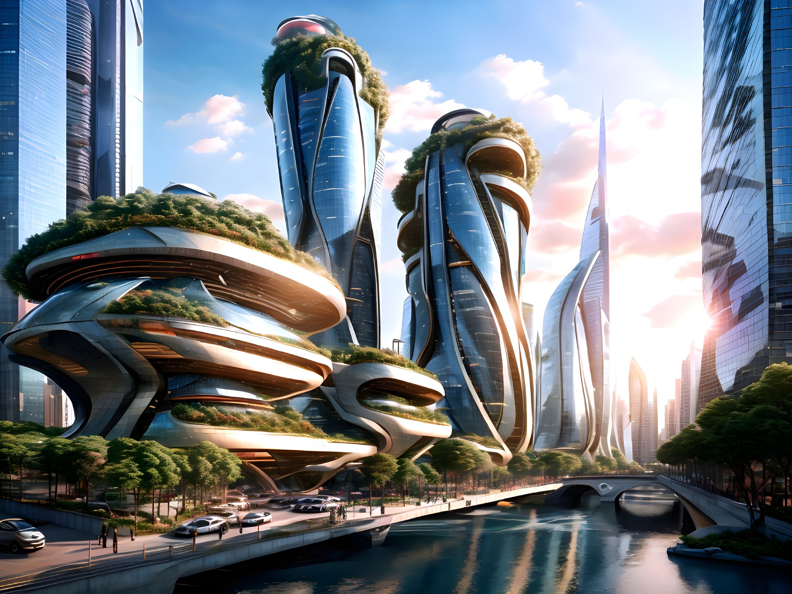 Futuristic cityscape with greenery and sunset reflections