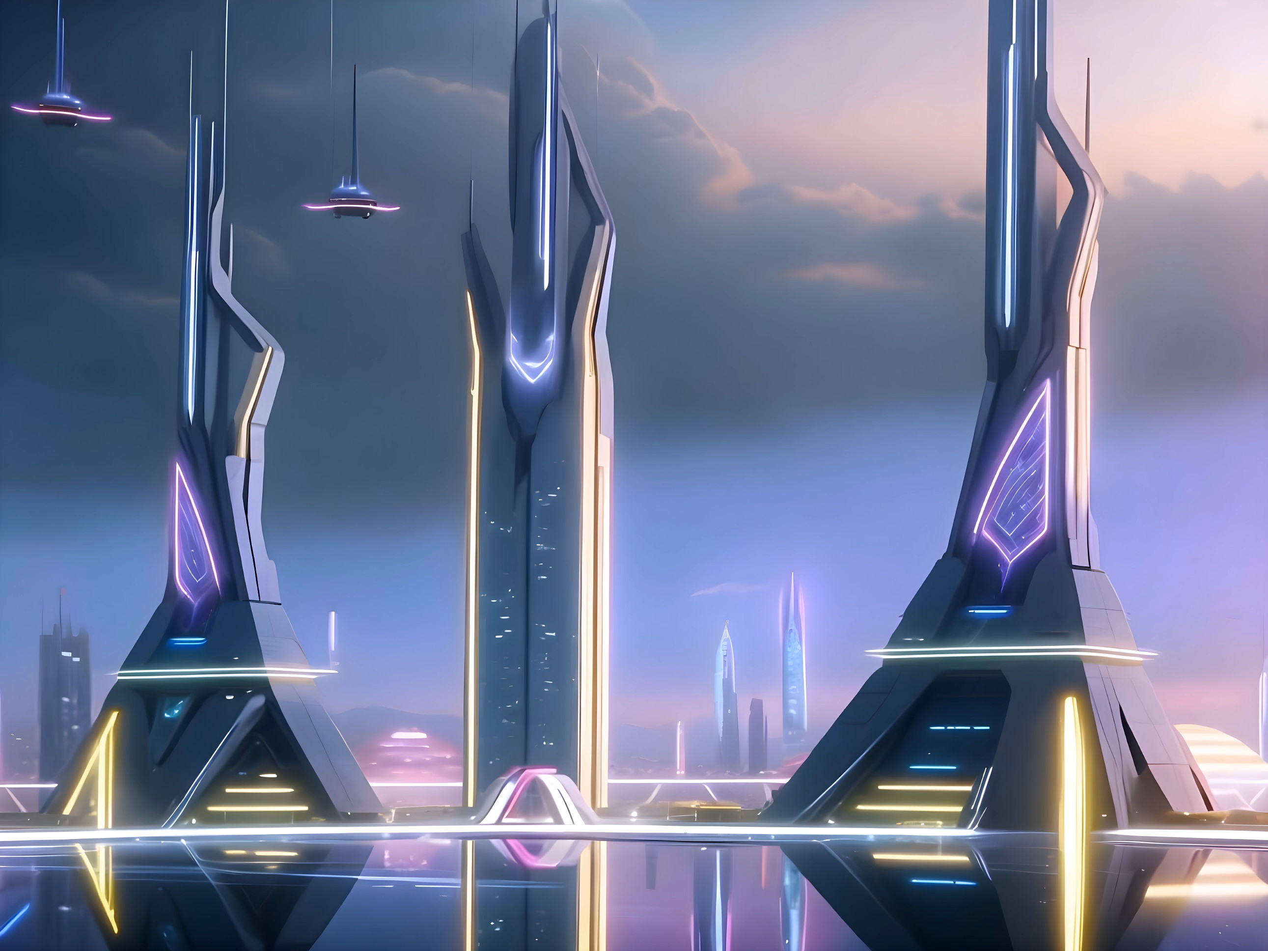 Futuristic cityscape with neon lights and sleek buildings