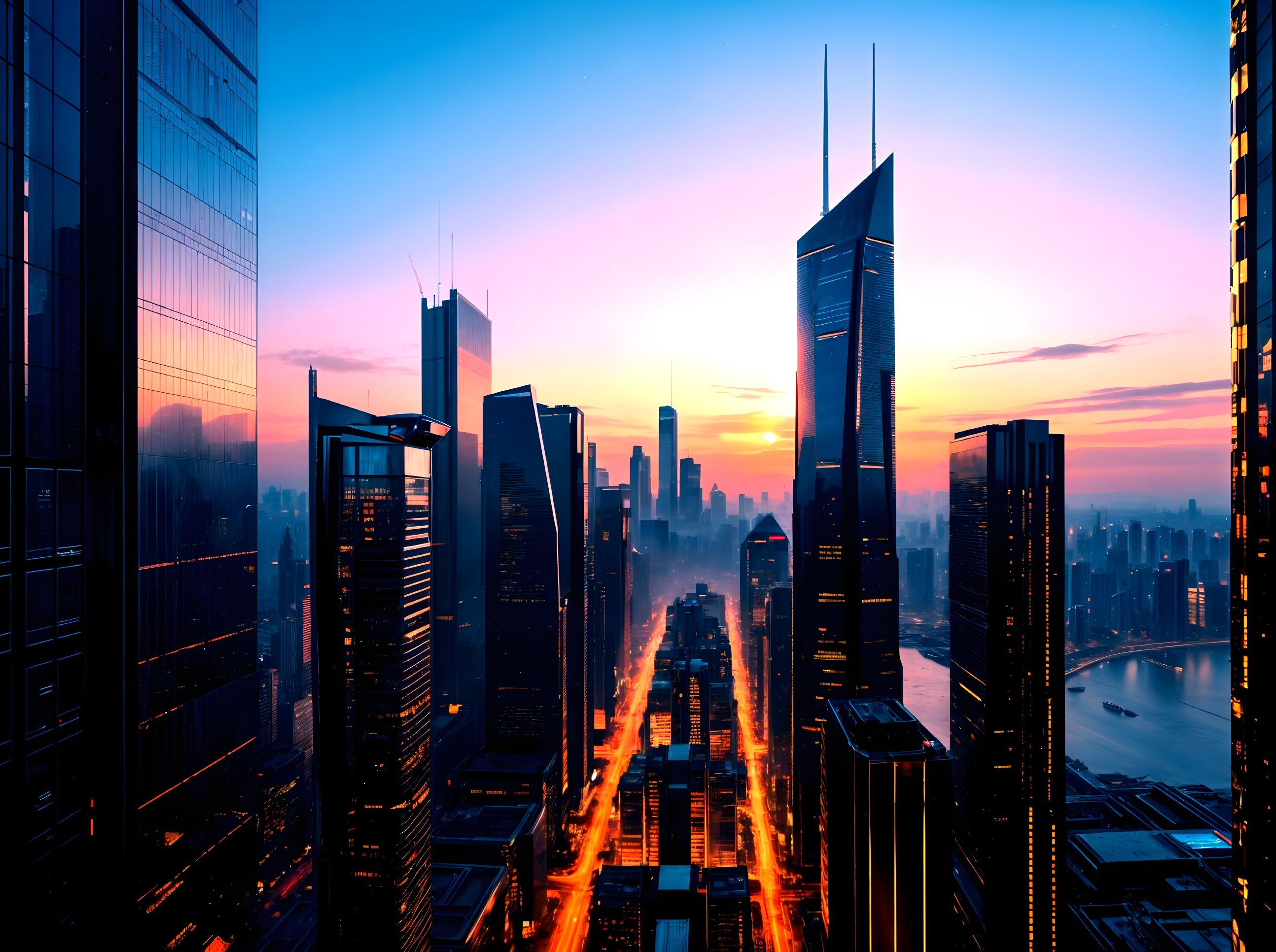 City skyline at sunset with vibrant colors and lights