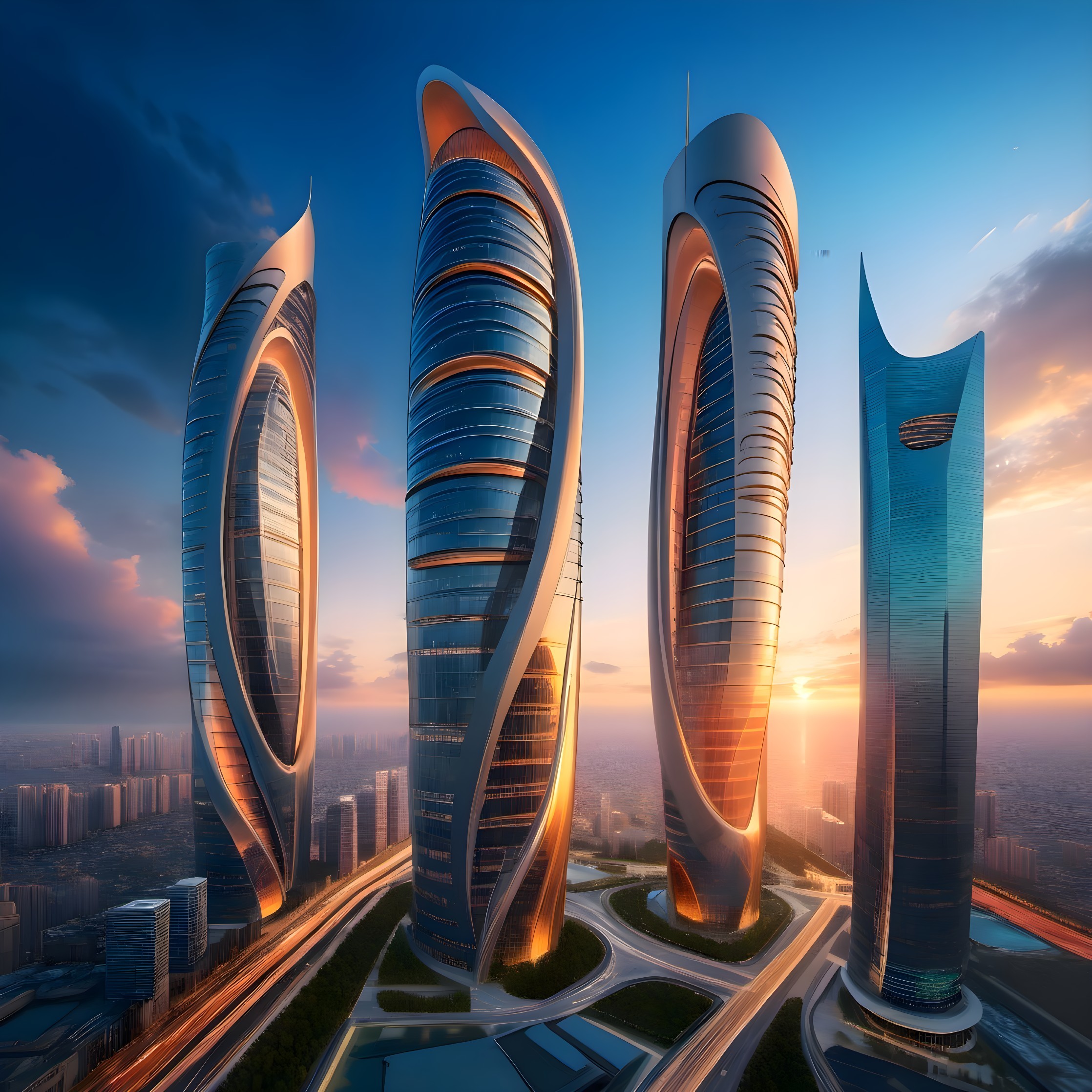 Futuristic Skyscrapers in Sunset Urban Landscape