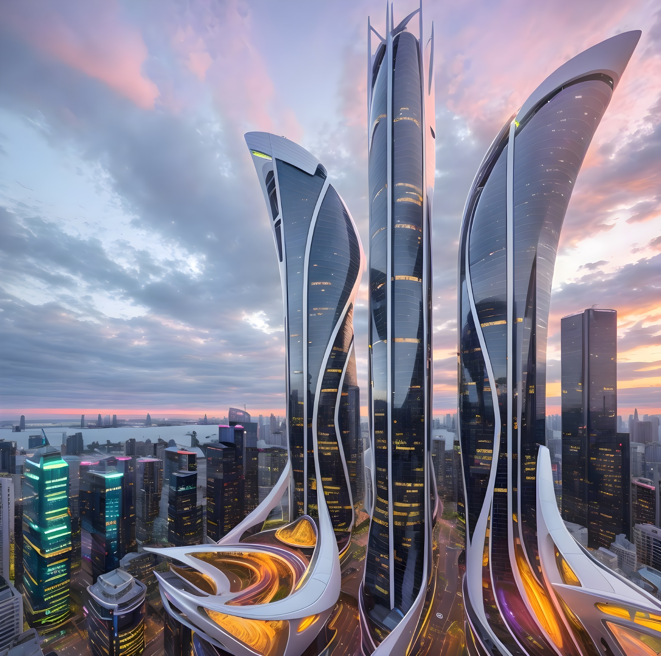 Futuristic cityscape with sleek skyscrapers at sunset