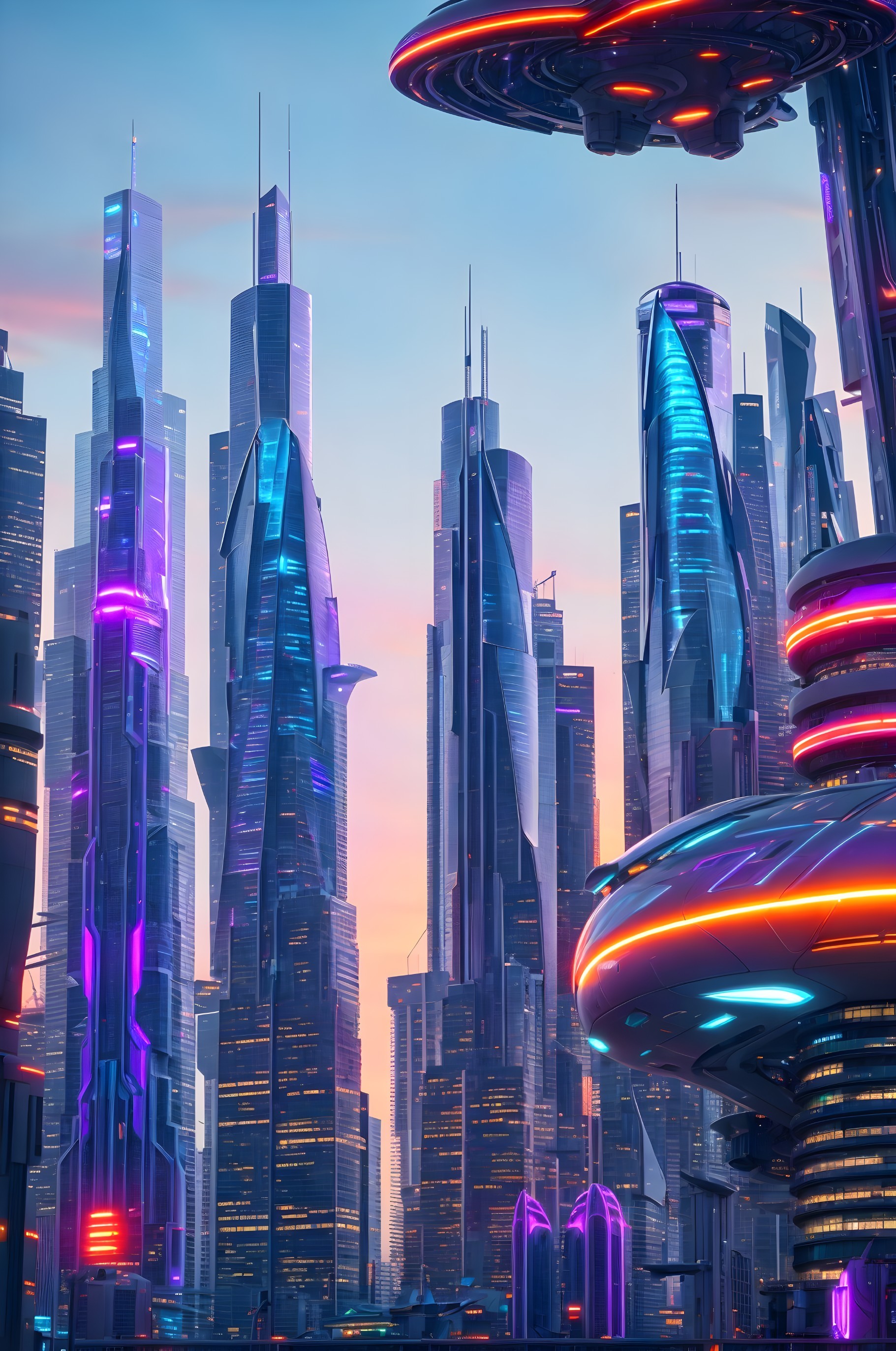 Futuristic skyline with illuminated skyscrapers at twilight