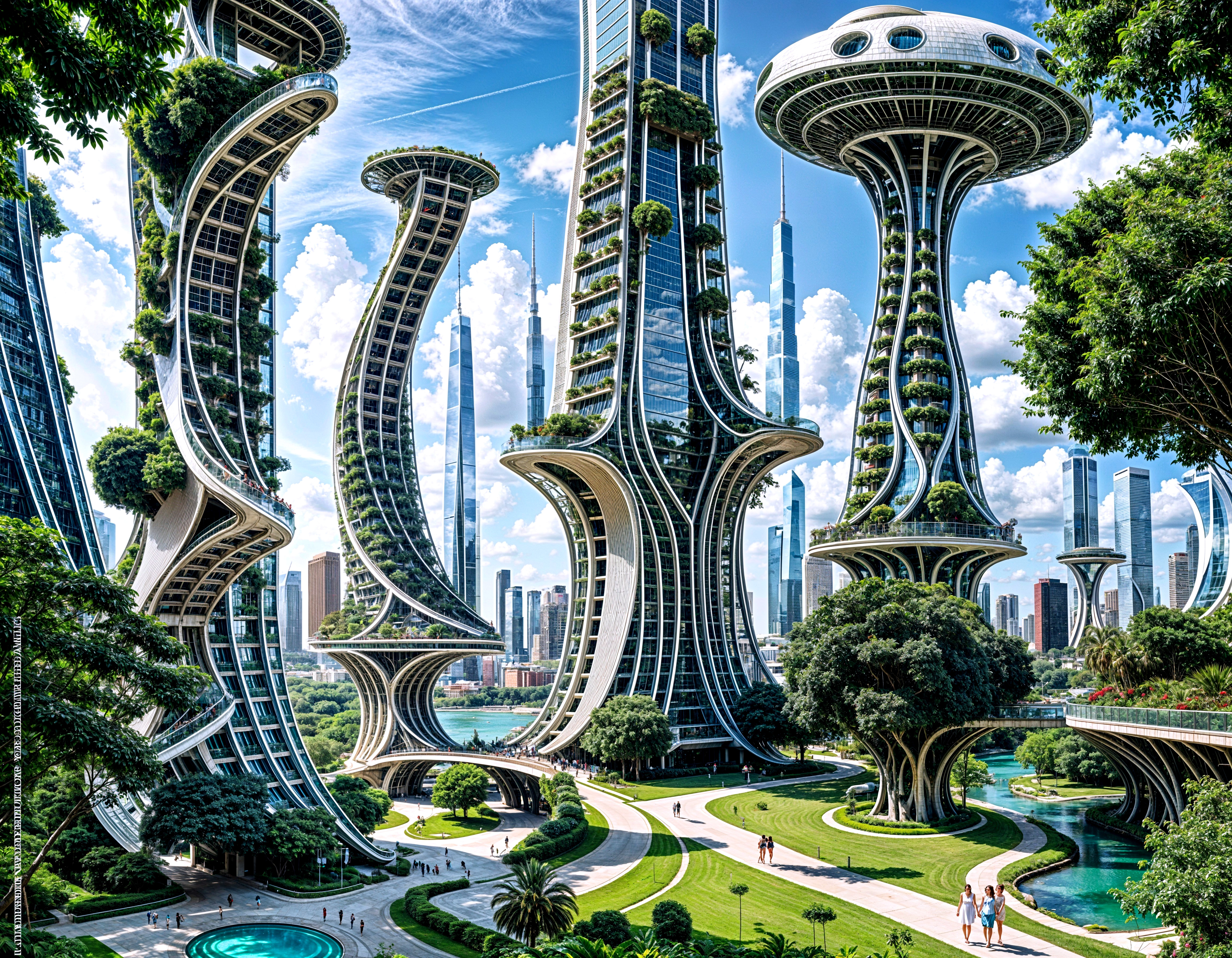 Futuristic cityscape with curvilinear skyscrapers and greenery