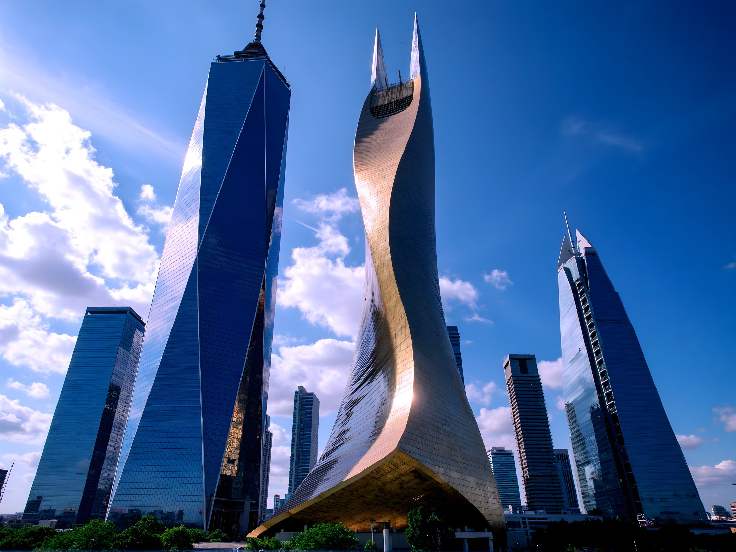 Modern Skyline with Twisted Gold Tower and Skyscrapers