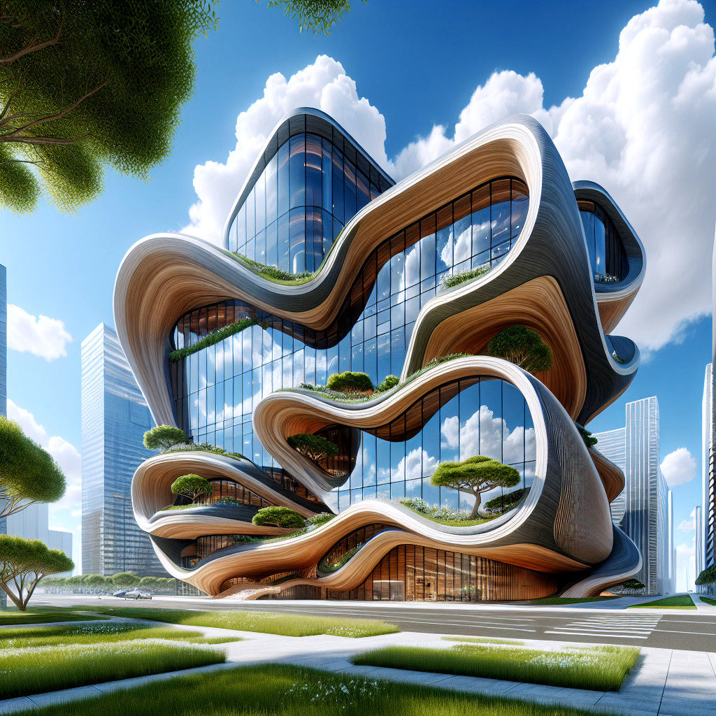 Modern Architectural Structure with Organic Forms and Wood