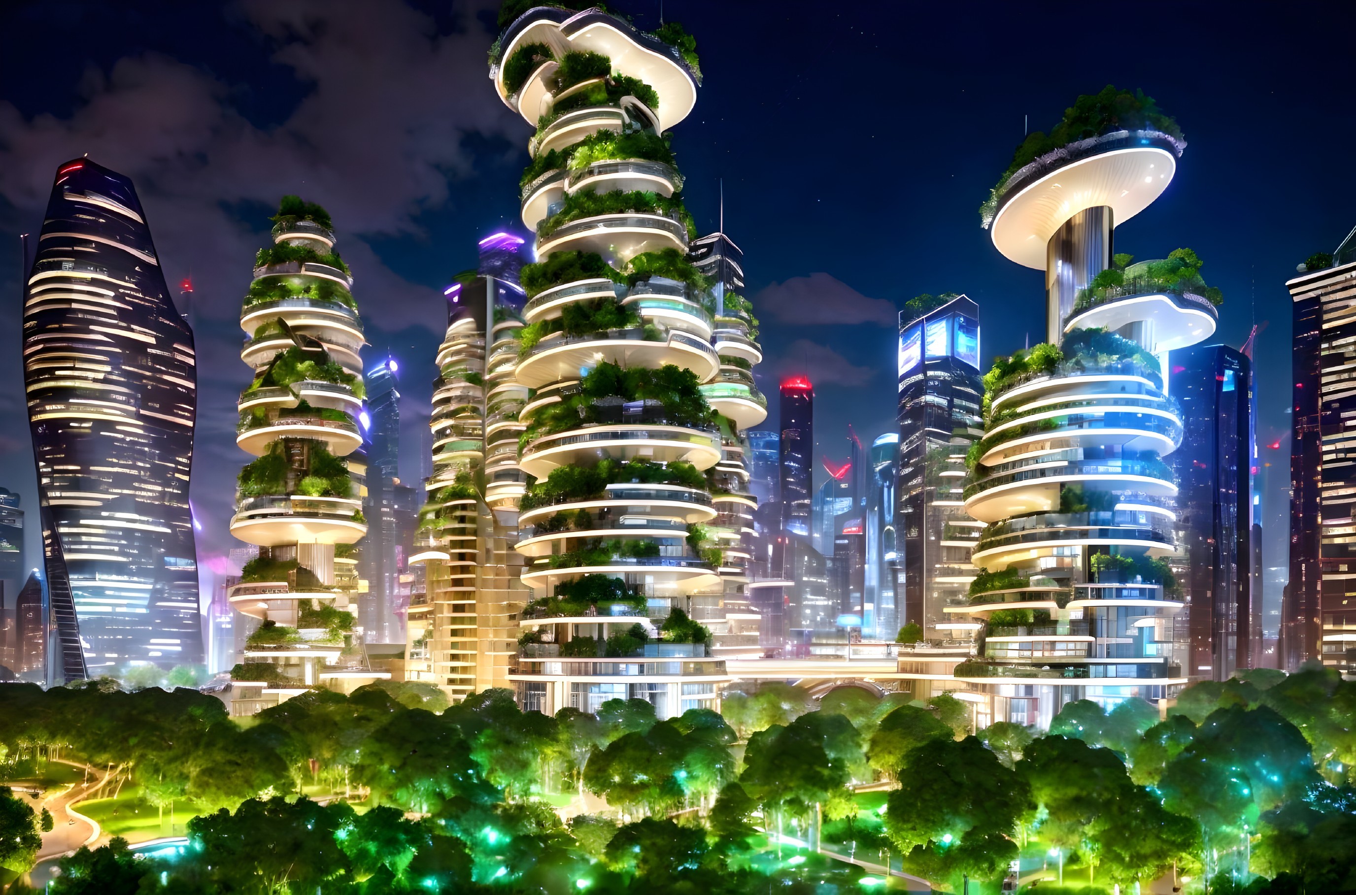 Futuristic Night Cityscape with Skyscrapers and Greenery