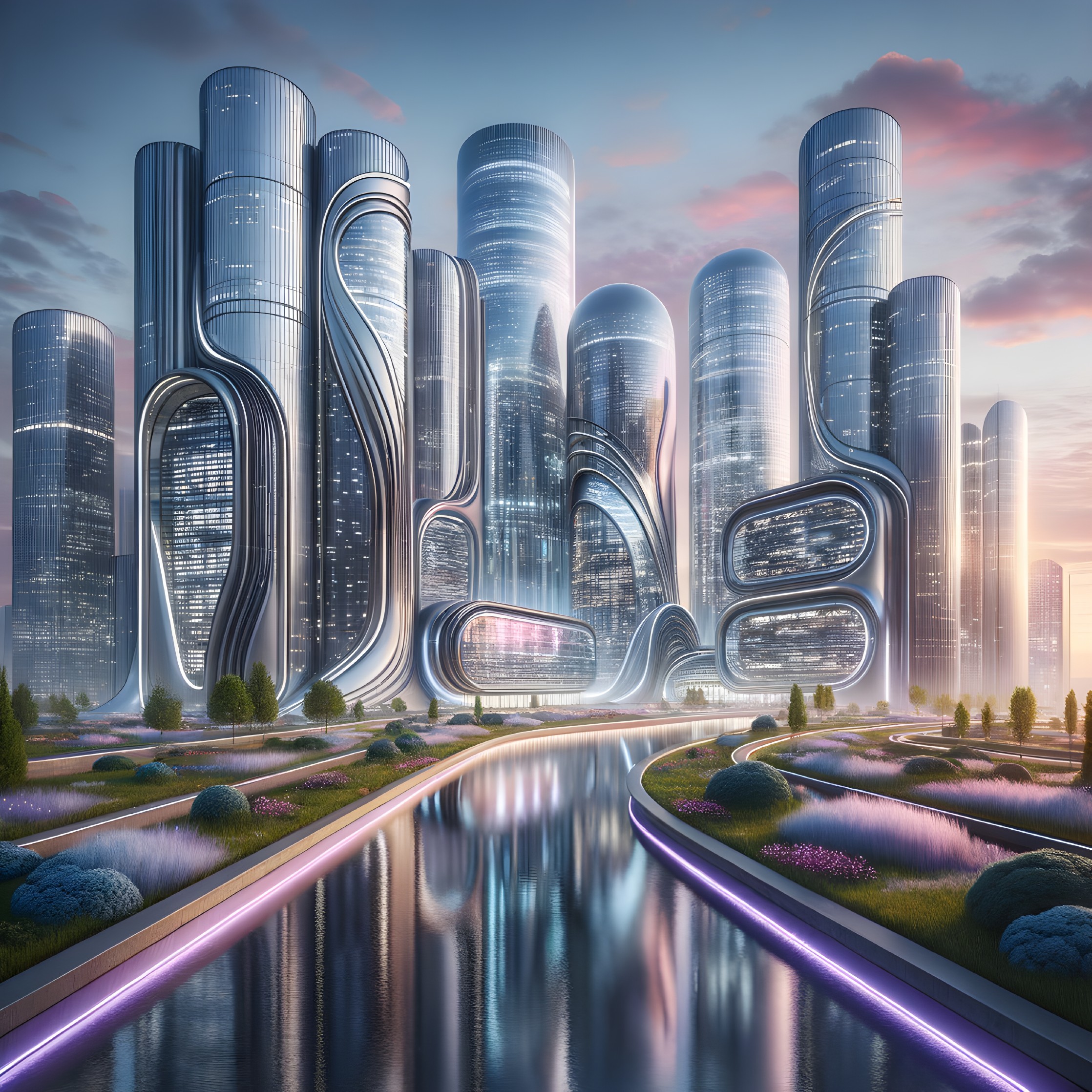 Futuristic cityscape with sleek skyscrapers and greenery