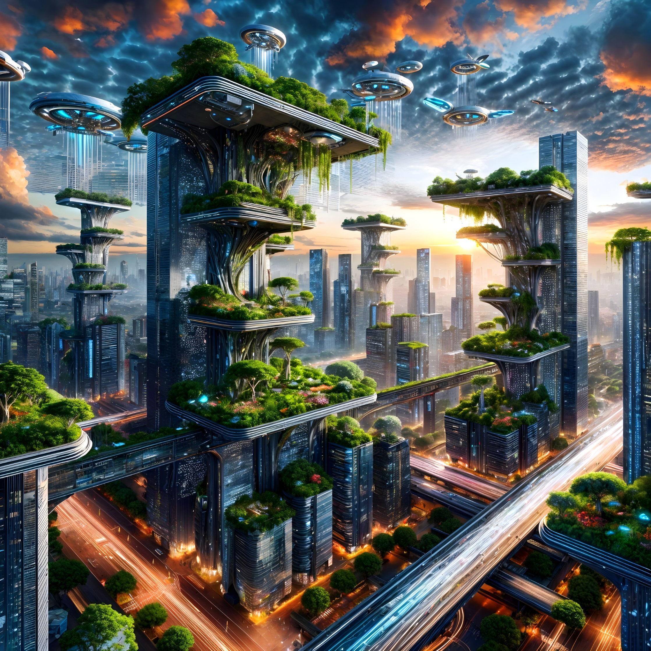 Futuristic cityscape with skyscrapers and greenery