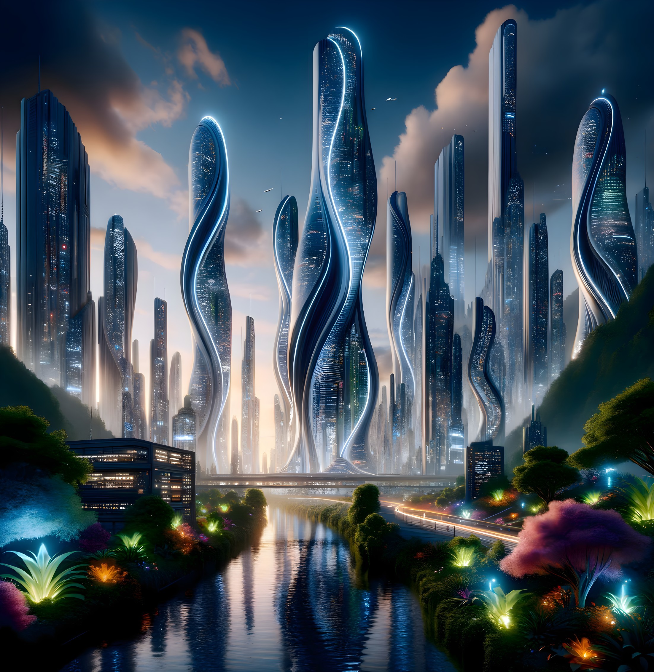 Futuristic cityscape with skyscrapers and nature blend