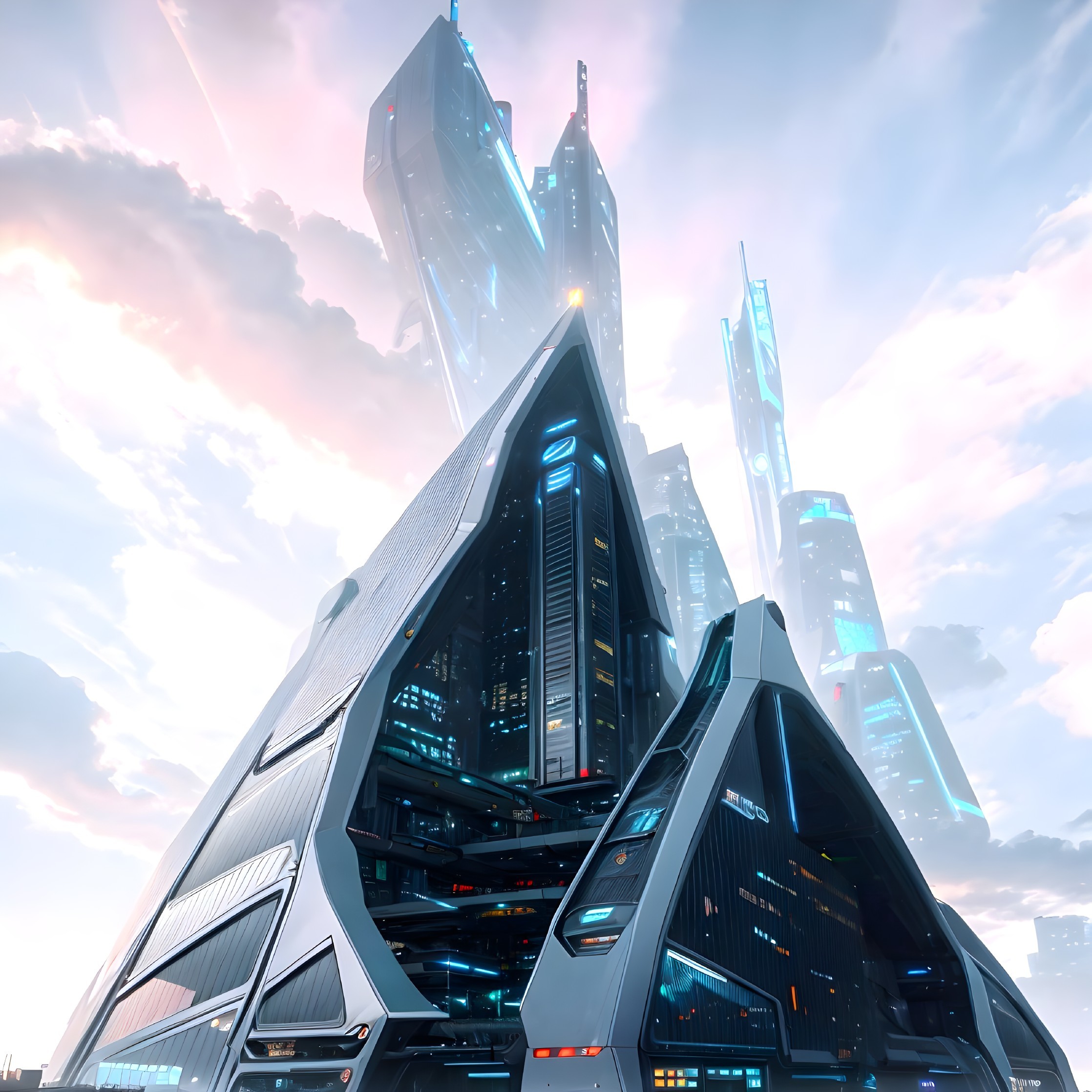Futuristic cityscape with neon-lit skyscrapers