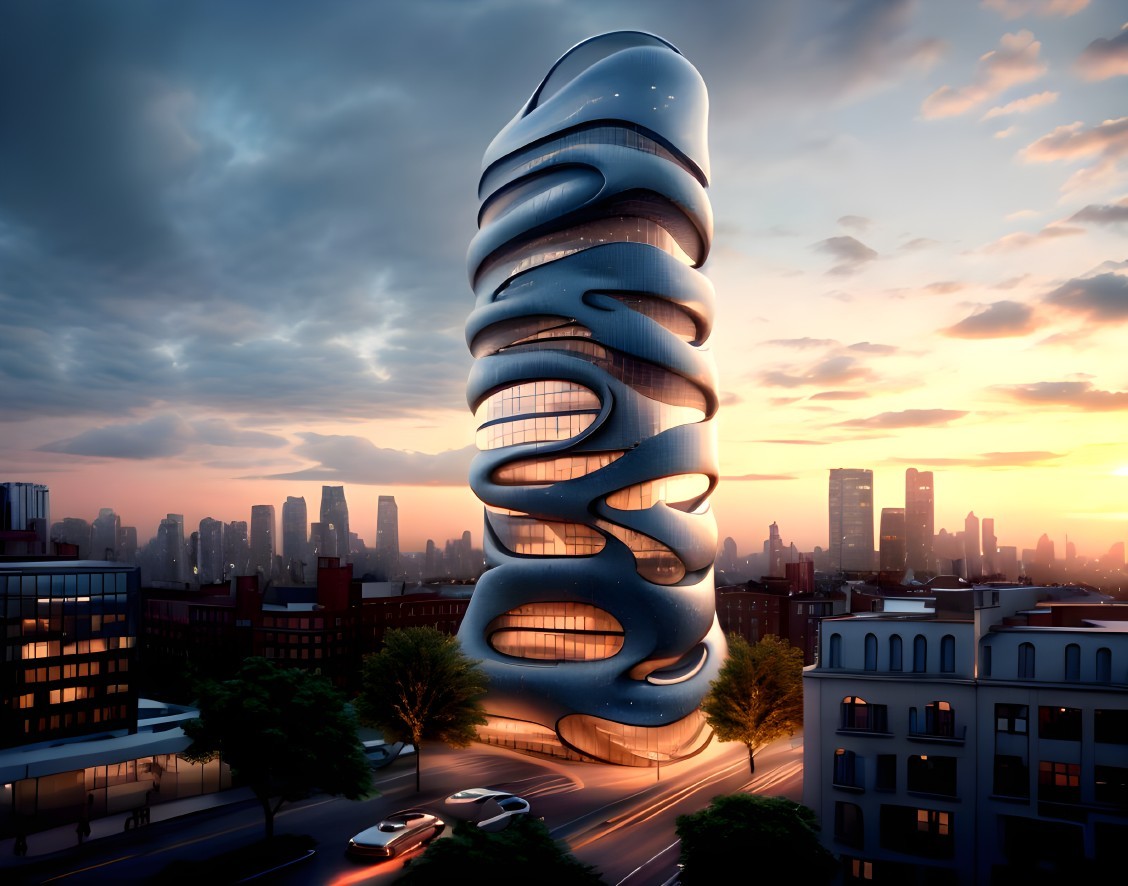 Modern Twisting Skyscraper Against Sunset Cityscape