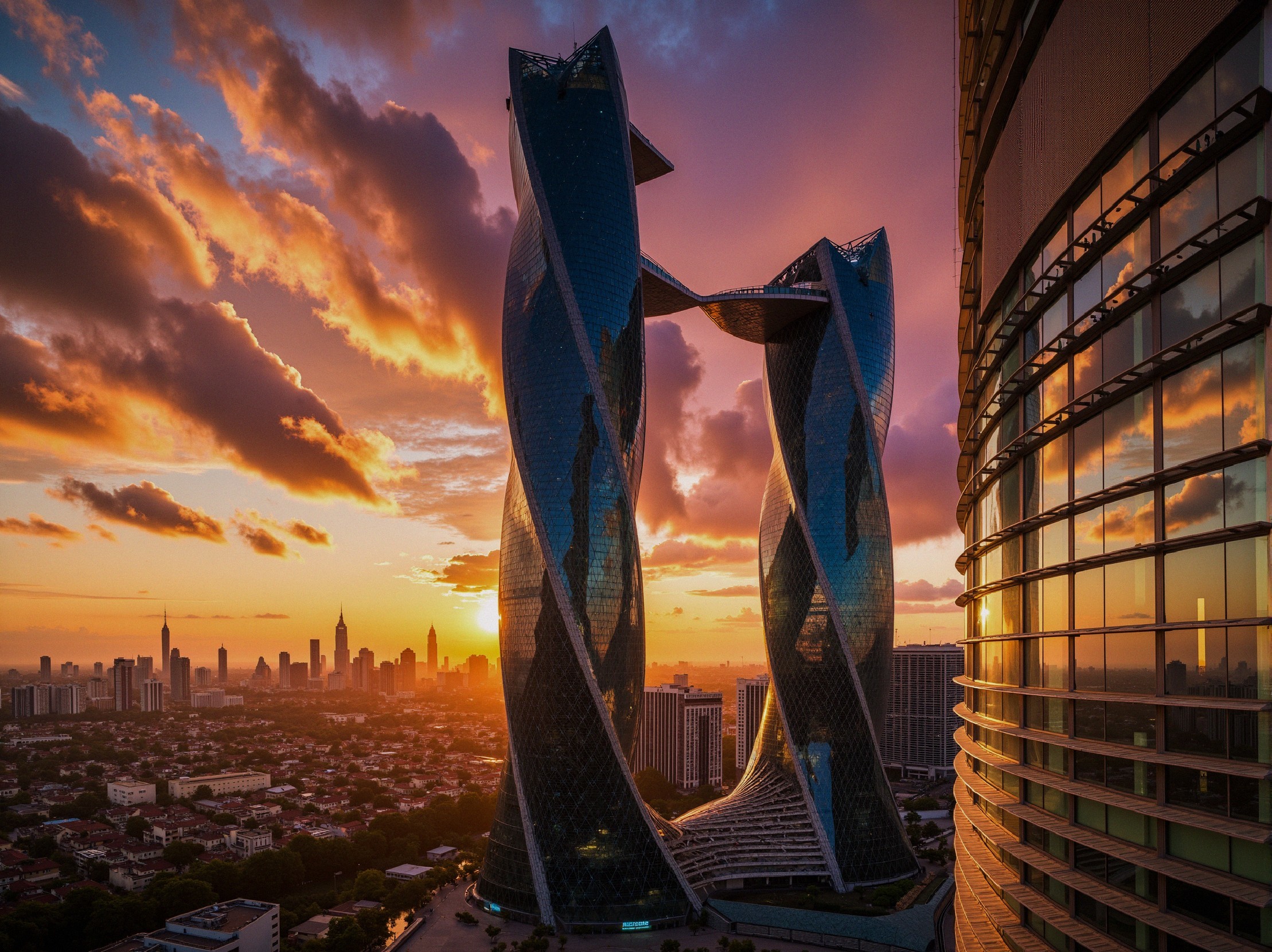 Futuristic twisted skyscrapers with sunset backdrop