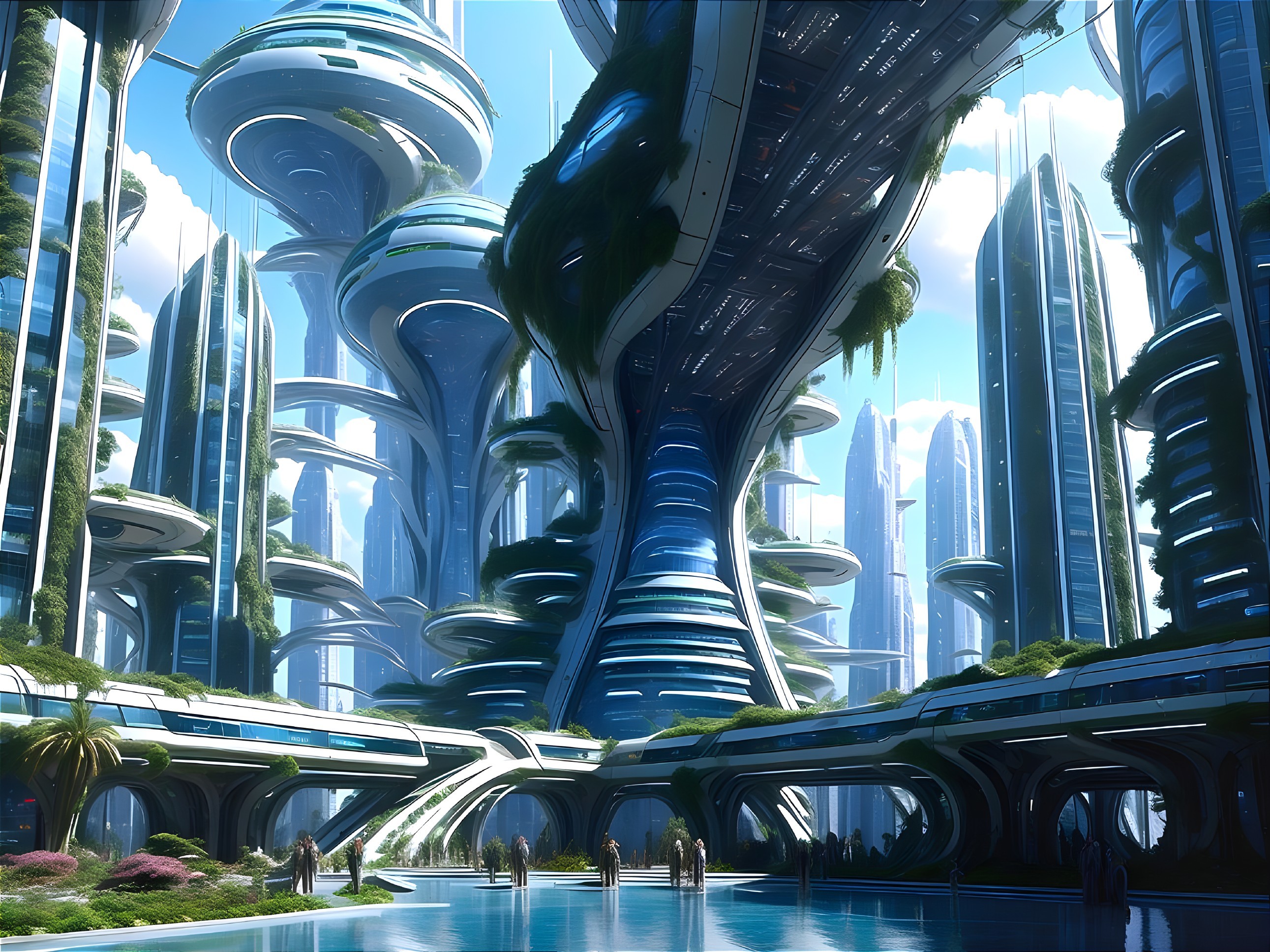 Futuristic cityscape with skyscrapers and greenery