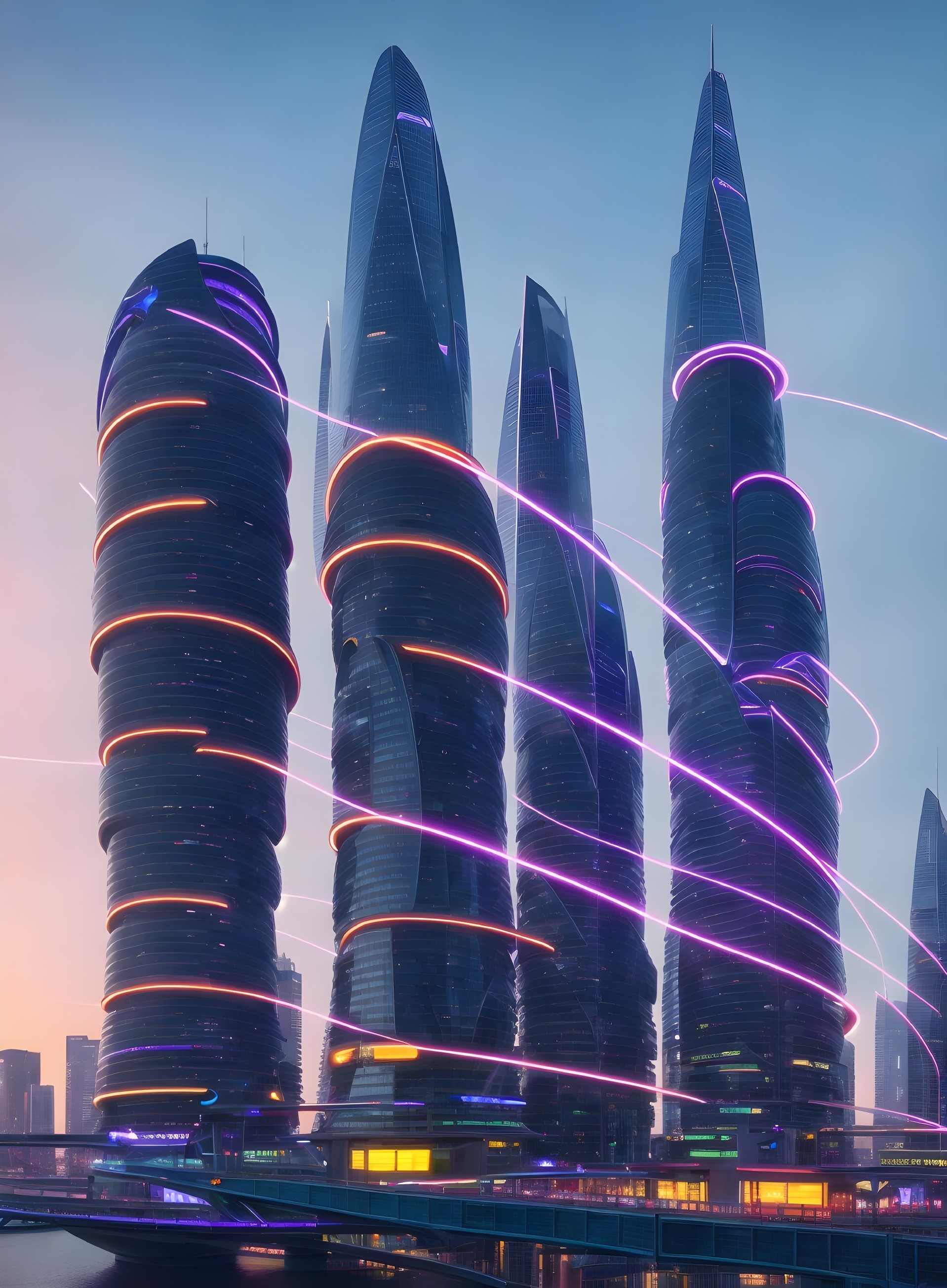 Futuristic skyline with illuminated spiraling skyscrapers