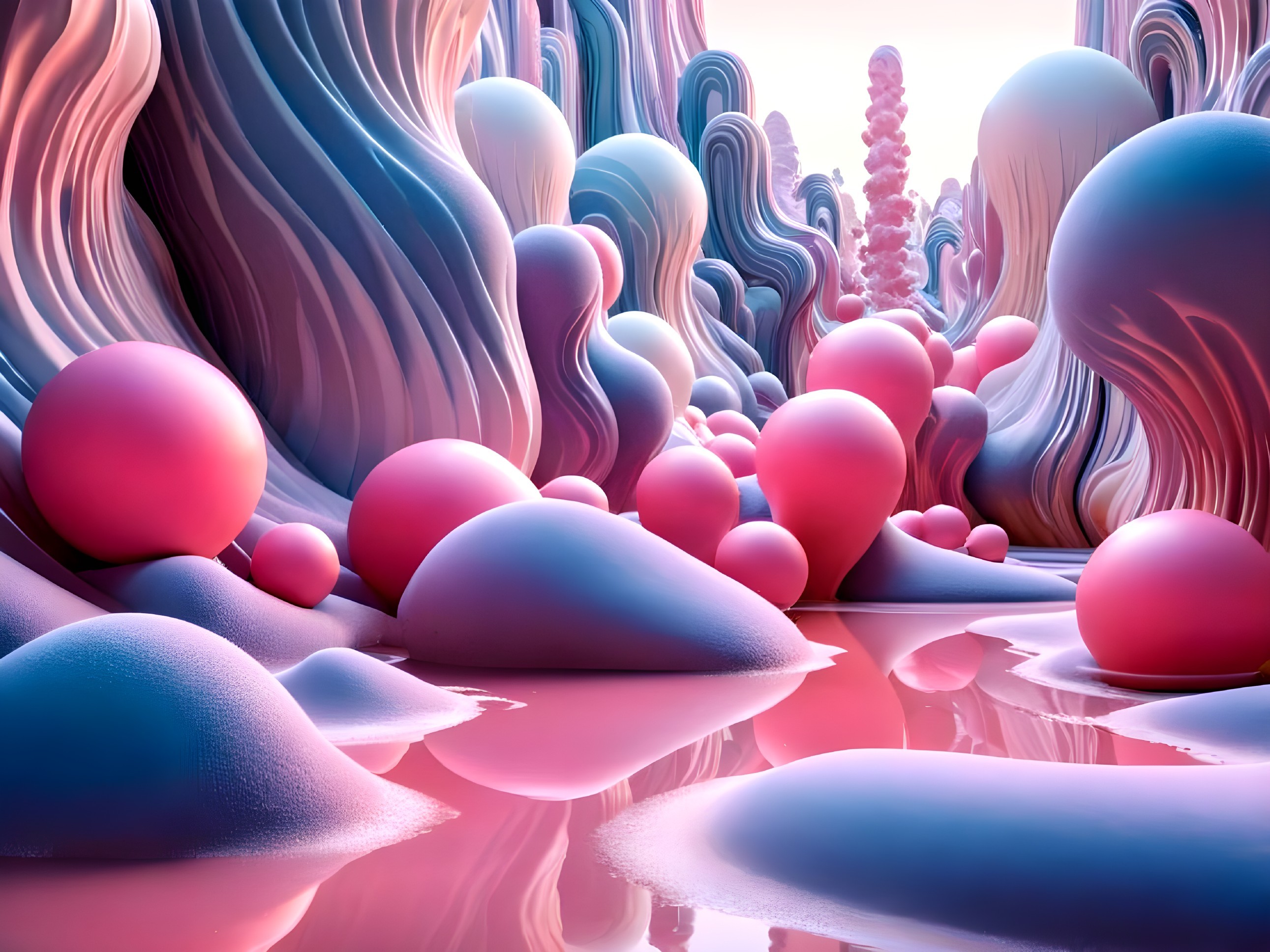 Surreal Landscape with Vibrant Organic Forms and Water