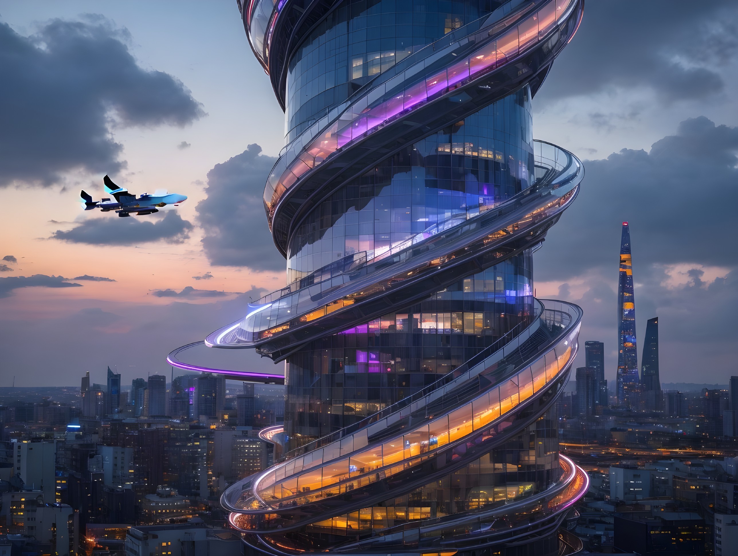 Futuristic Skyscraper with Colorful Lights at Sunset
