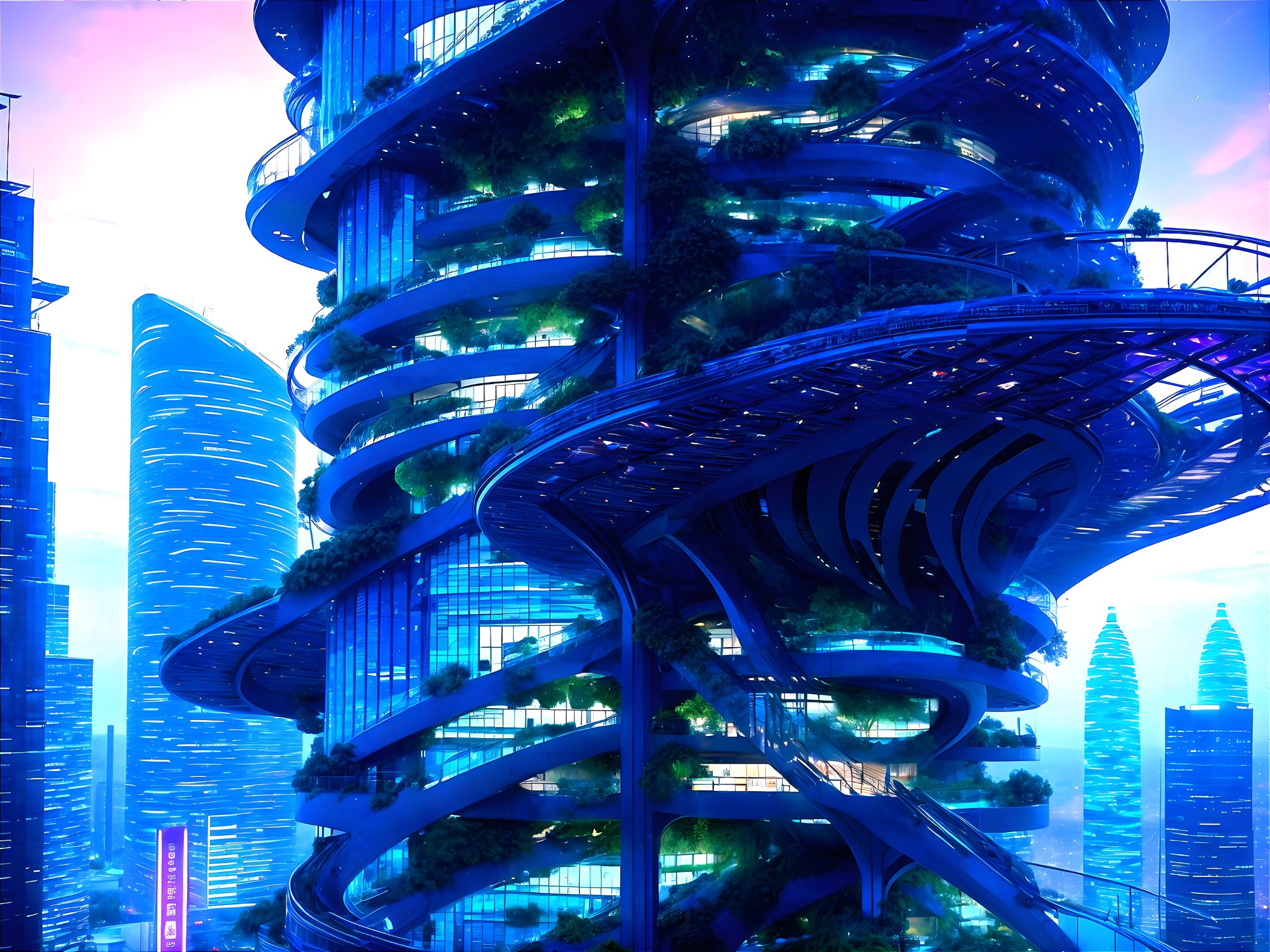 Futuristic Skyscraper with Greenery and Vibrant Lights