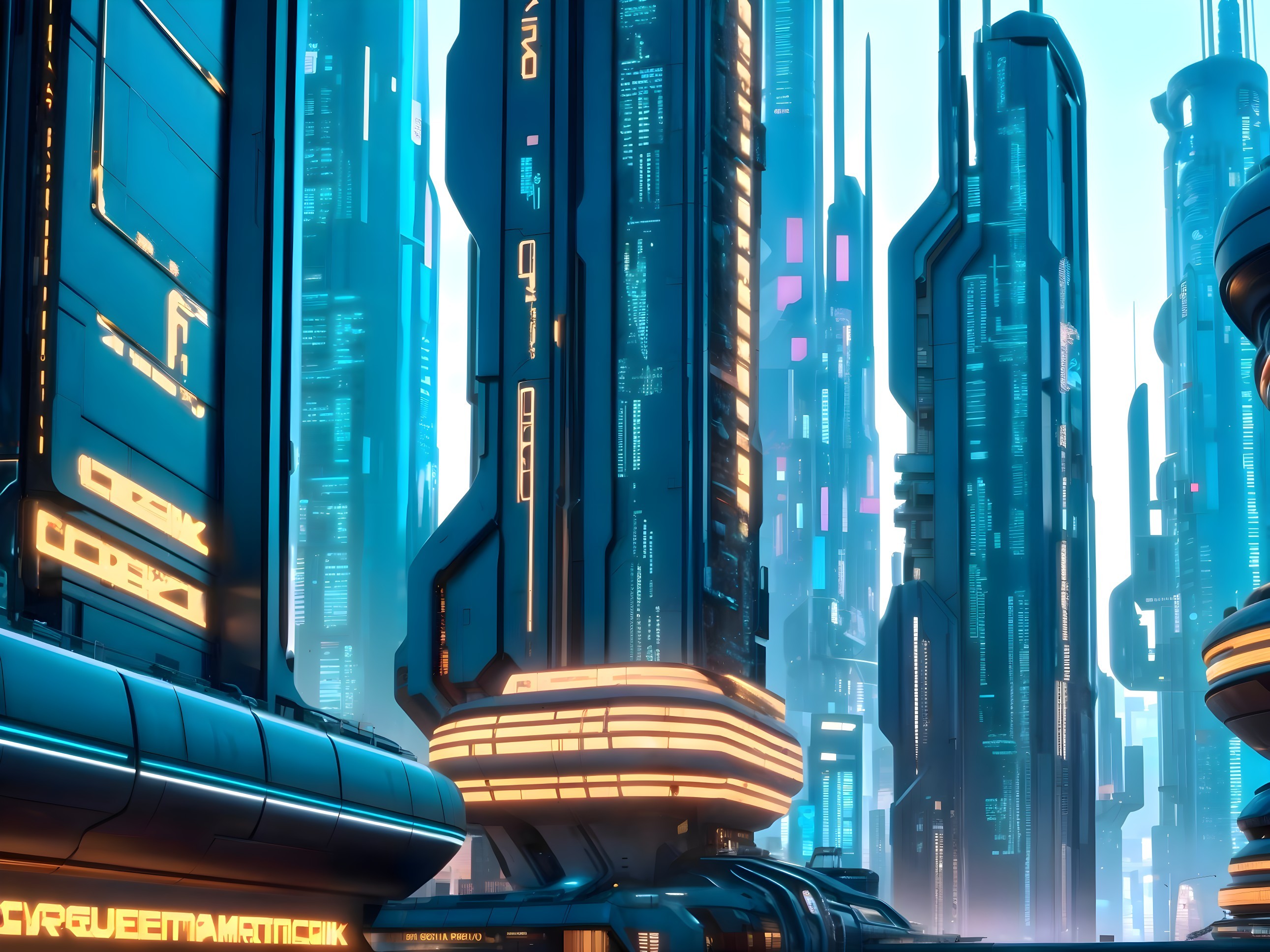 Futuristic Cityscape with Neon Skyscrapers and Technology