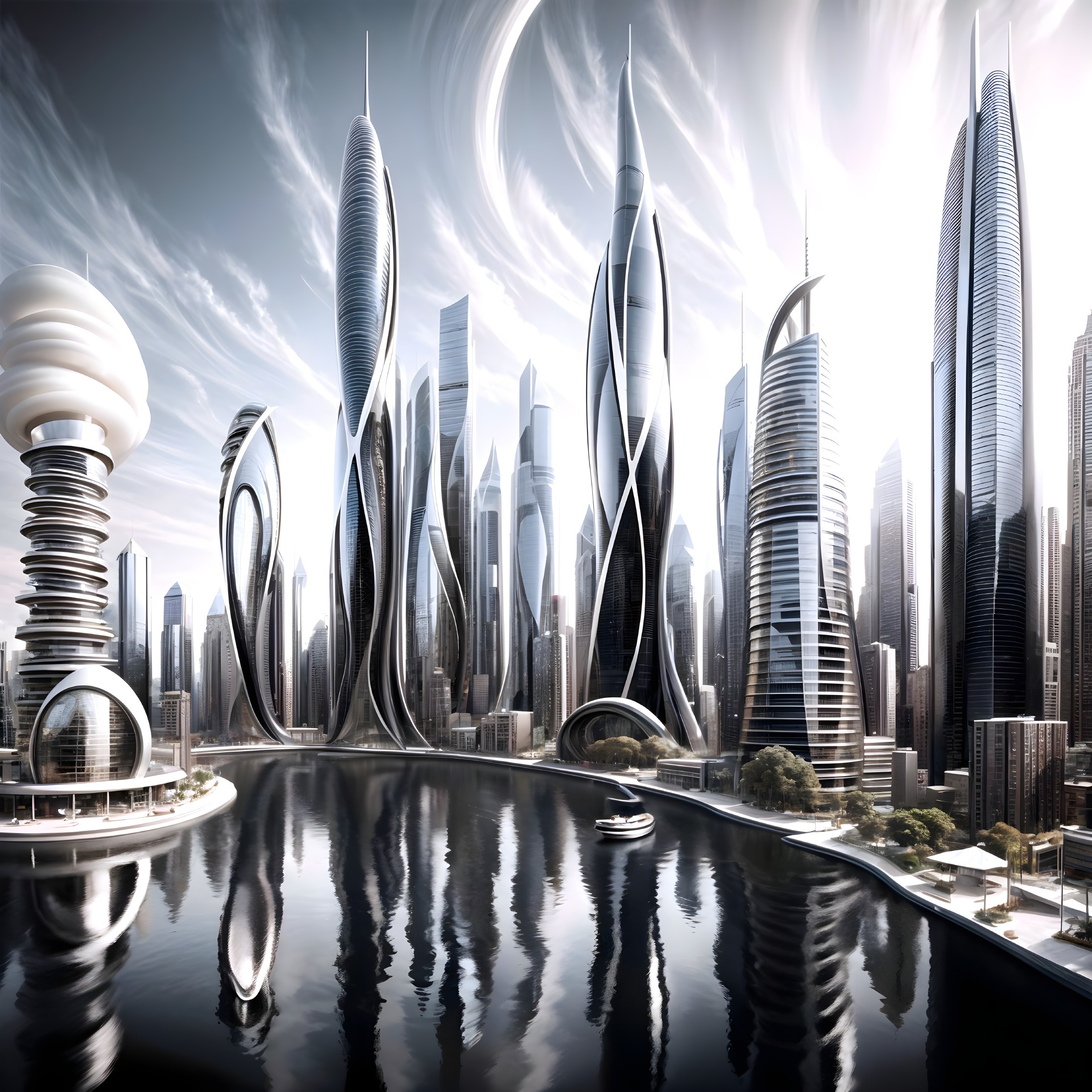 Futuristic cityscape with sleek skyscrapers and water