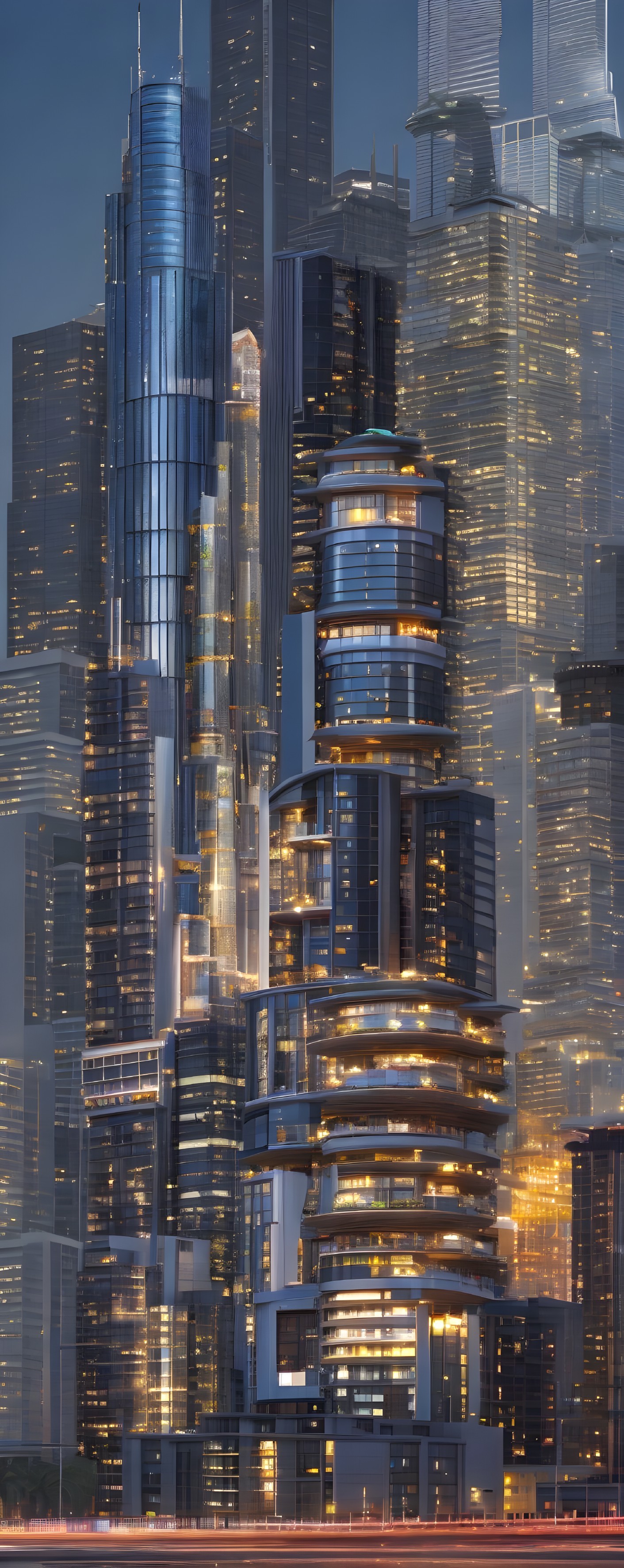 Futuristic cityscape at dusk with illuminated skyscrapers