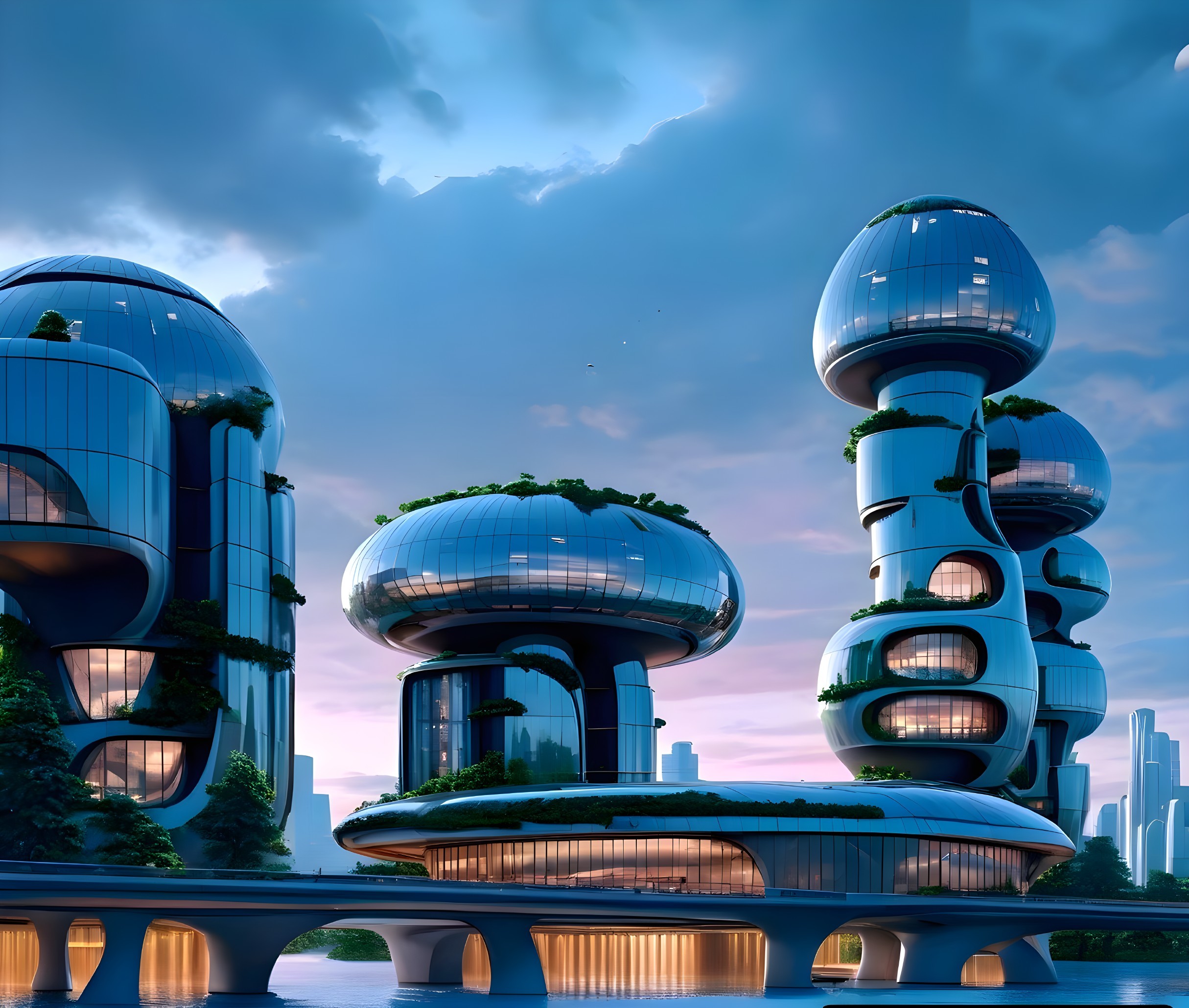 Futuristic cityscape with organic architecture and greenery