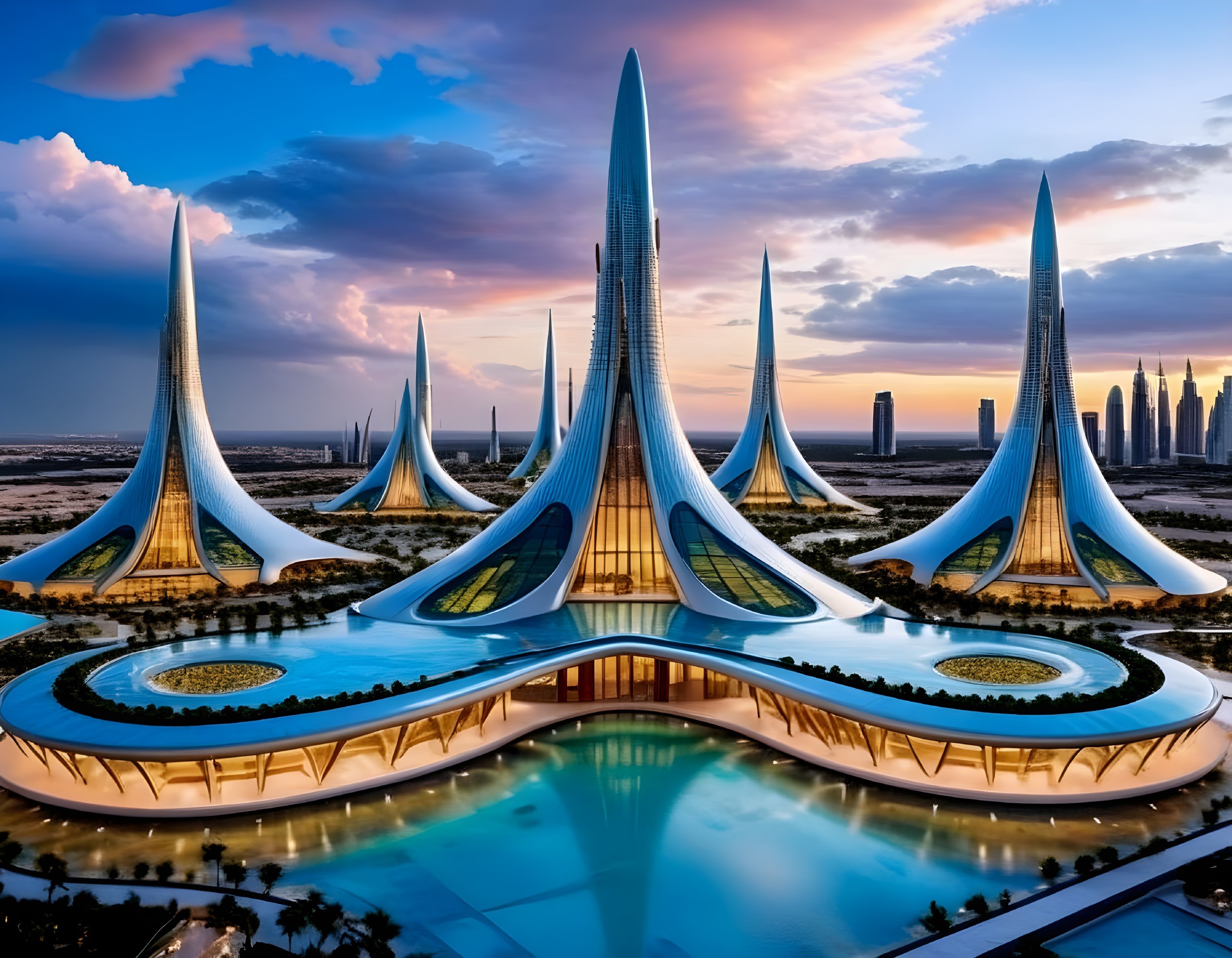 Futuristic Architectural Landscape at Sunset