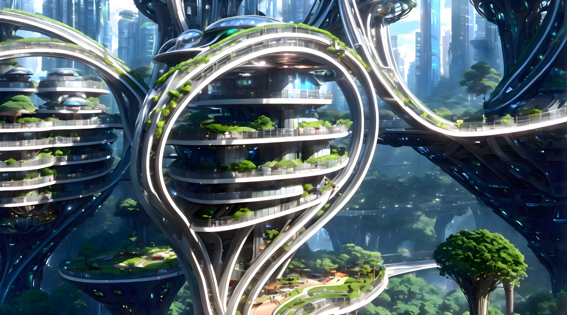 Futuristic Cityscape with Organic Architecture and Greenery