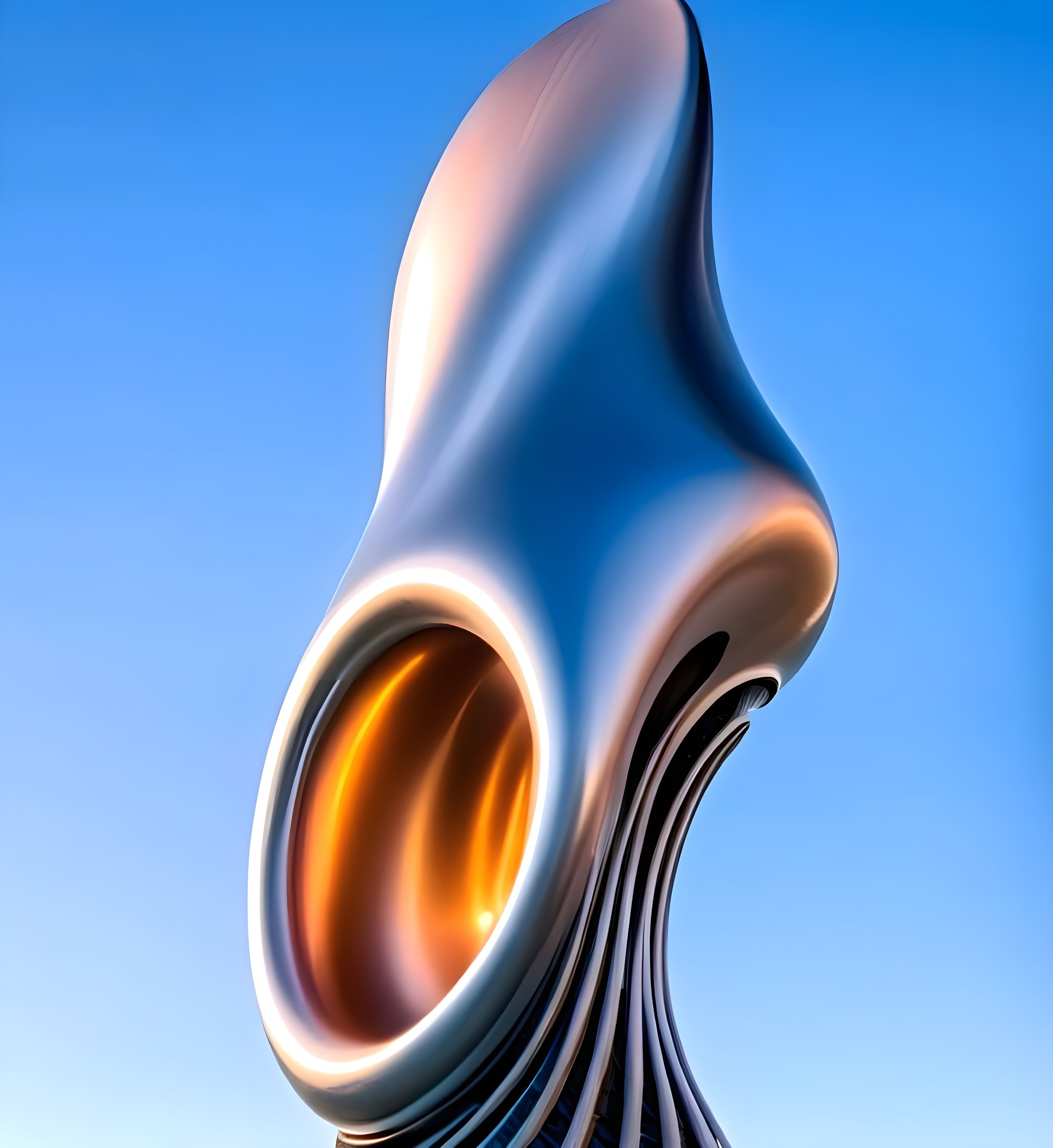 Futuristic sculpture with flowing lines and metallic hues