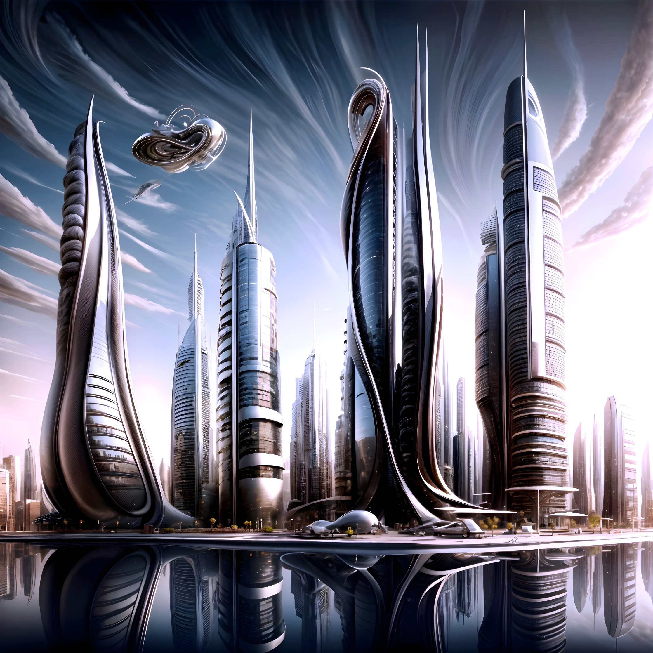 Futuristic cityscape with sleek skyscrapers and spacecraft