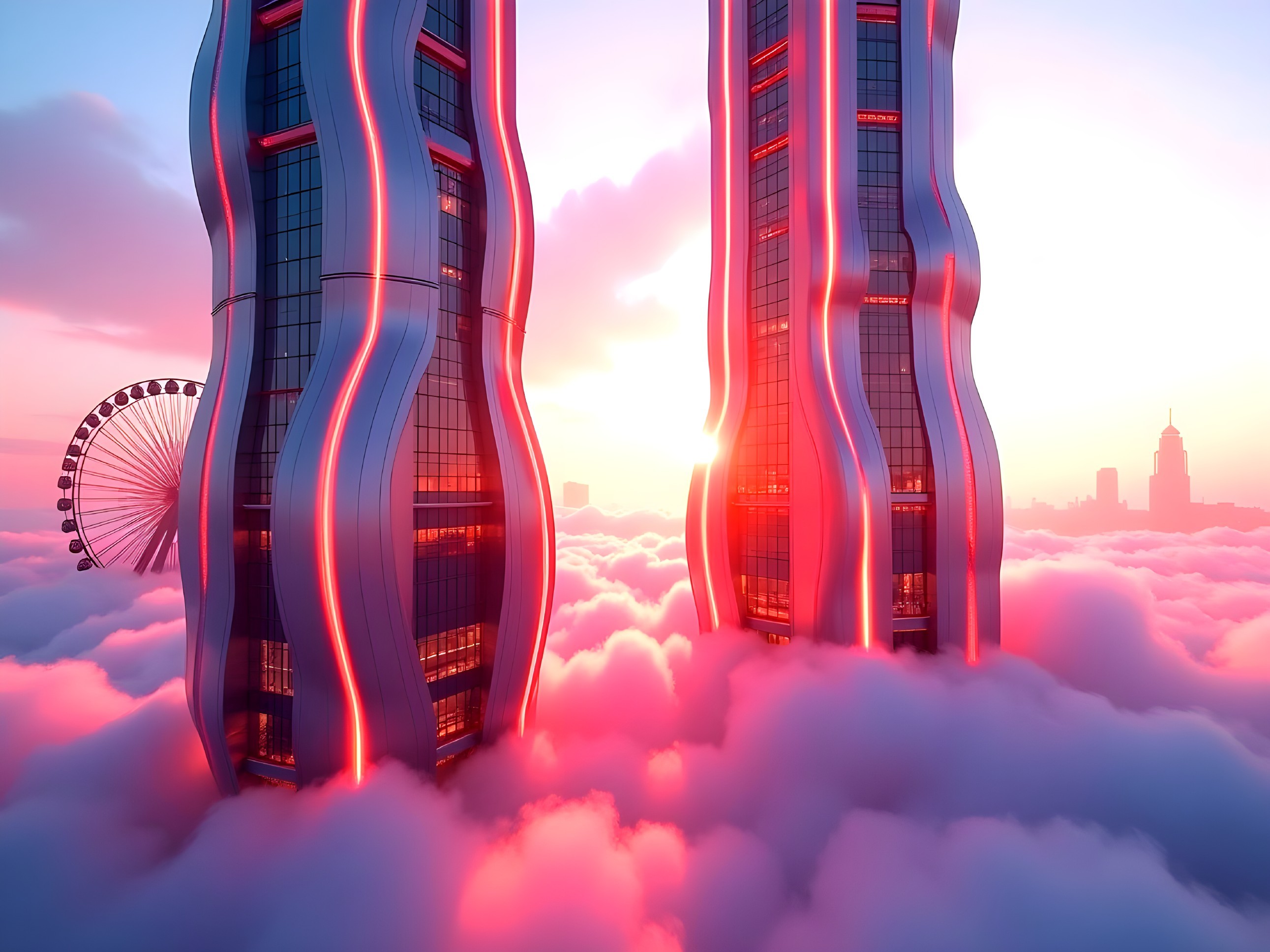 Futuristic Skyscrapers Above Pink Cloud Sea