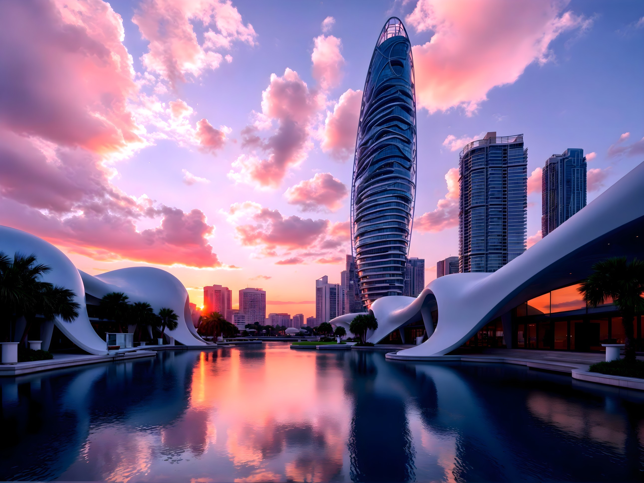 Urban skyline at sunset with modern skyscraper and palms