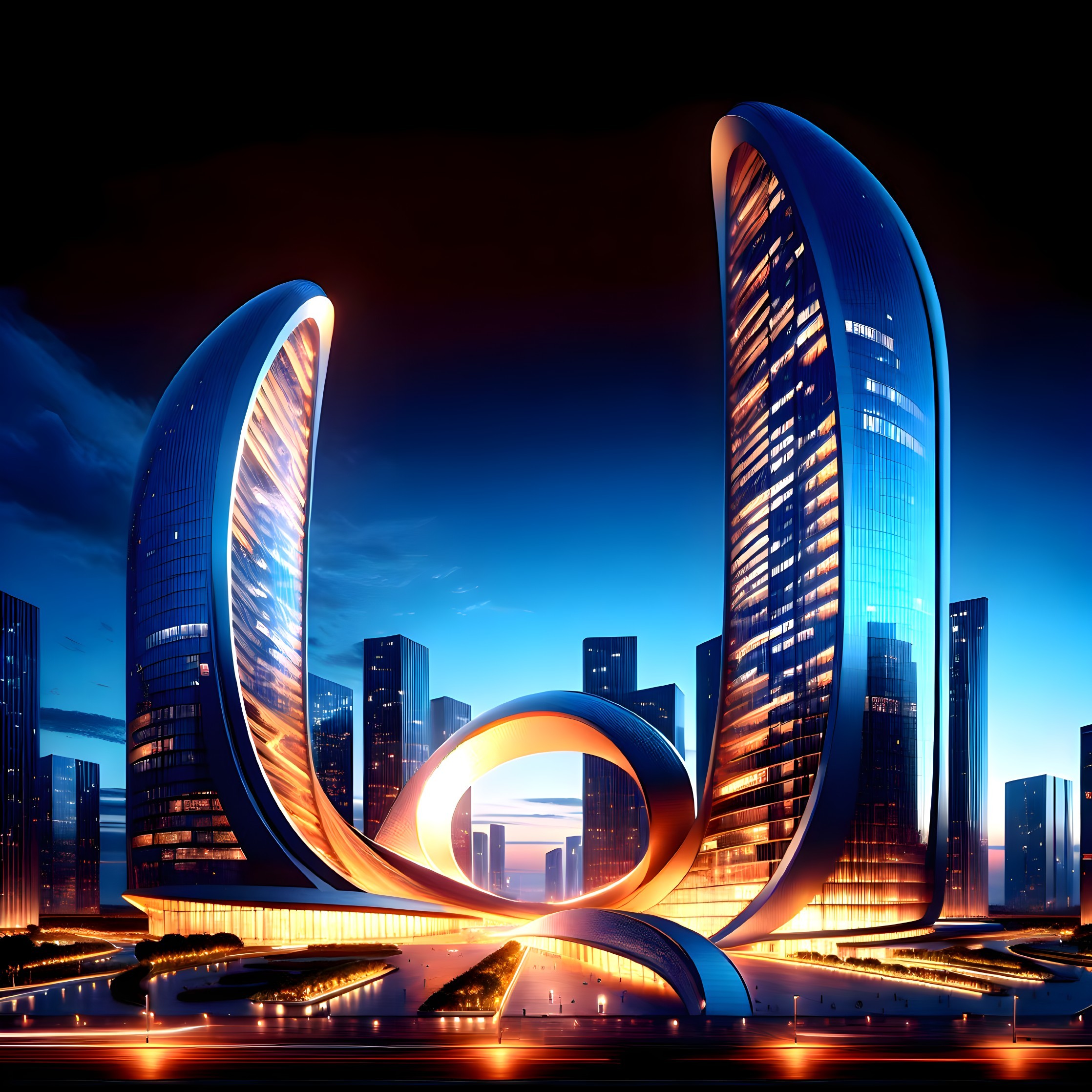 Futuristic Curved Towers in Urban Twilight Setting