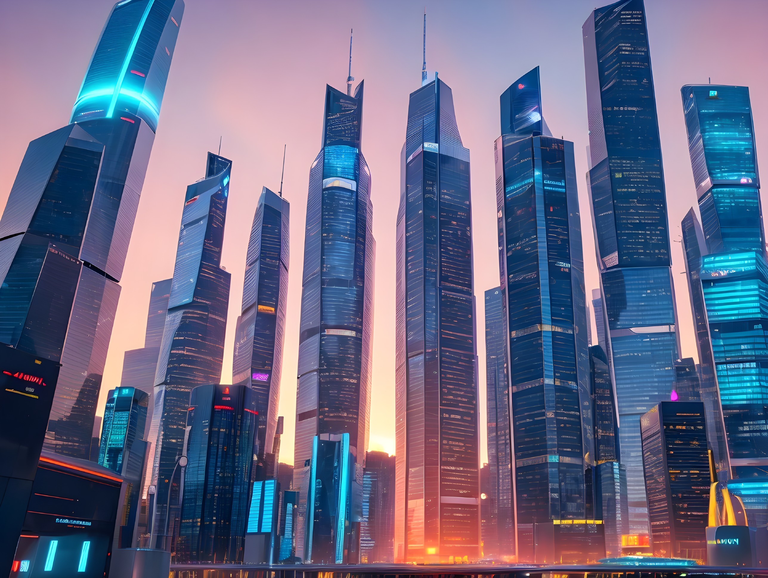 Futuristic Cityscape with Skyscrapers and Sunset Glow