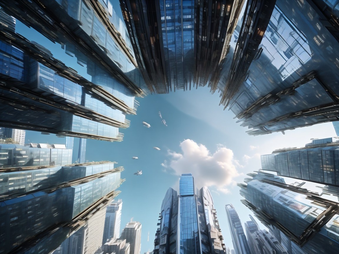 Futuristic cityscape with glass skyscrapers and spacecraft