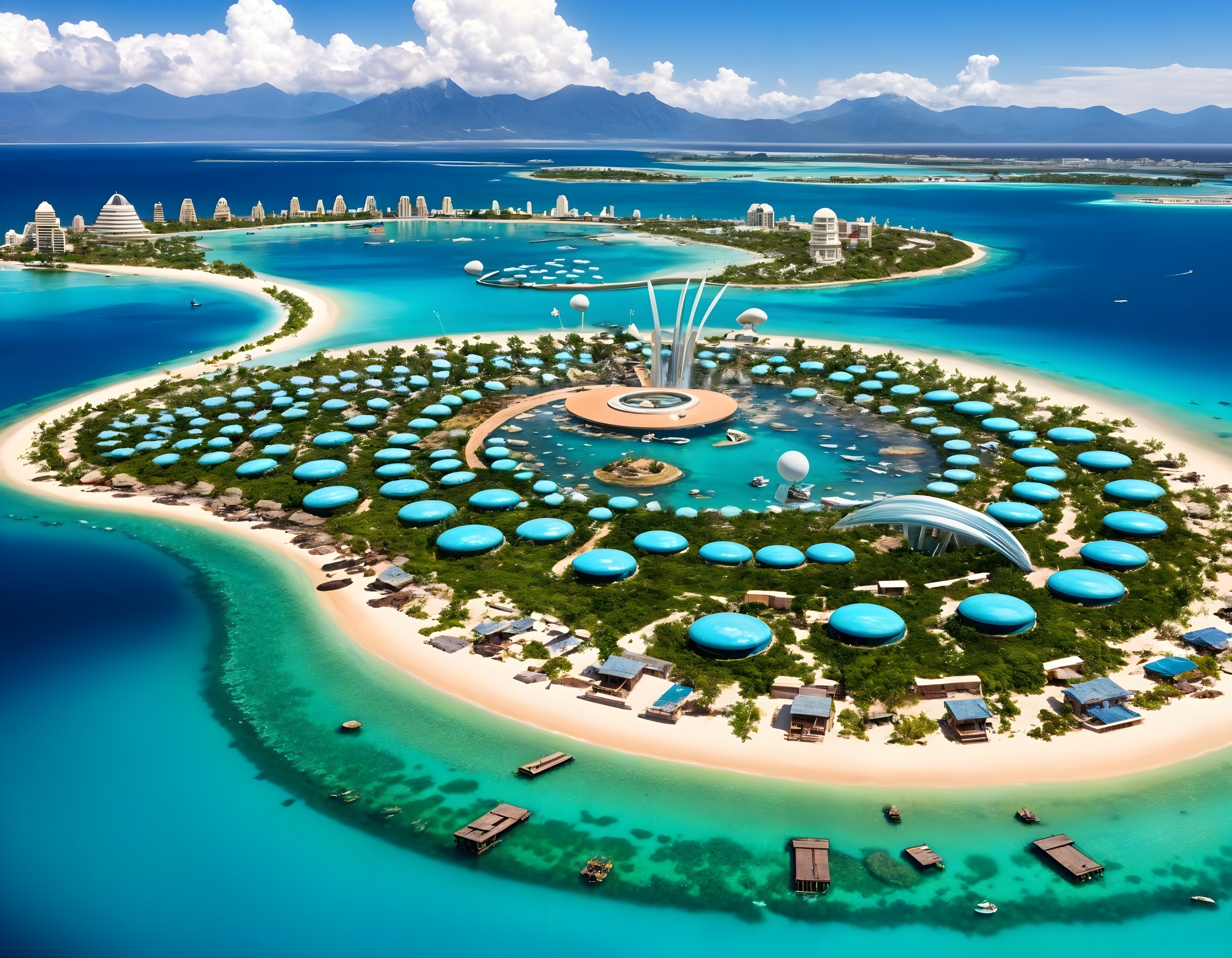 Aerial View of Unique Circular Accommodations on Island