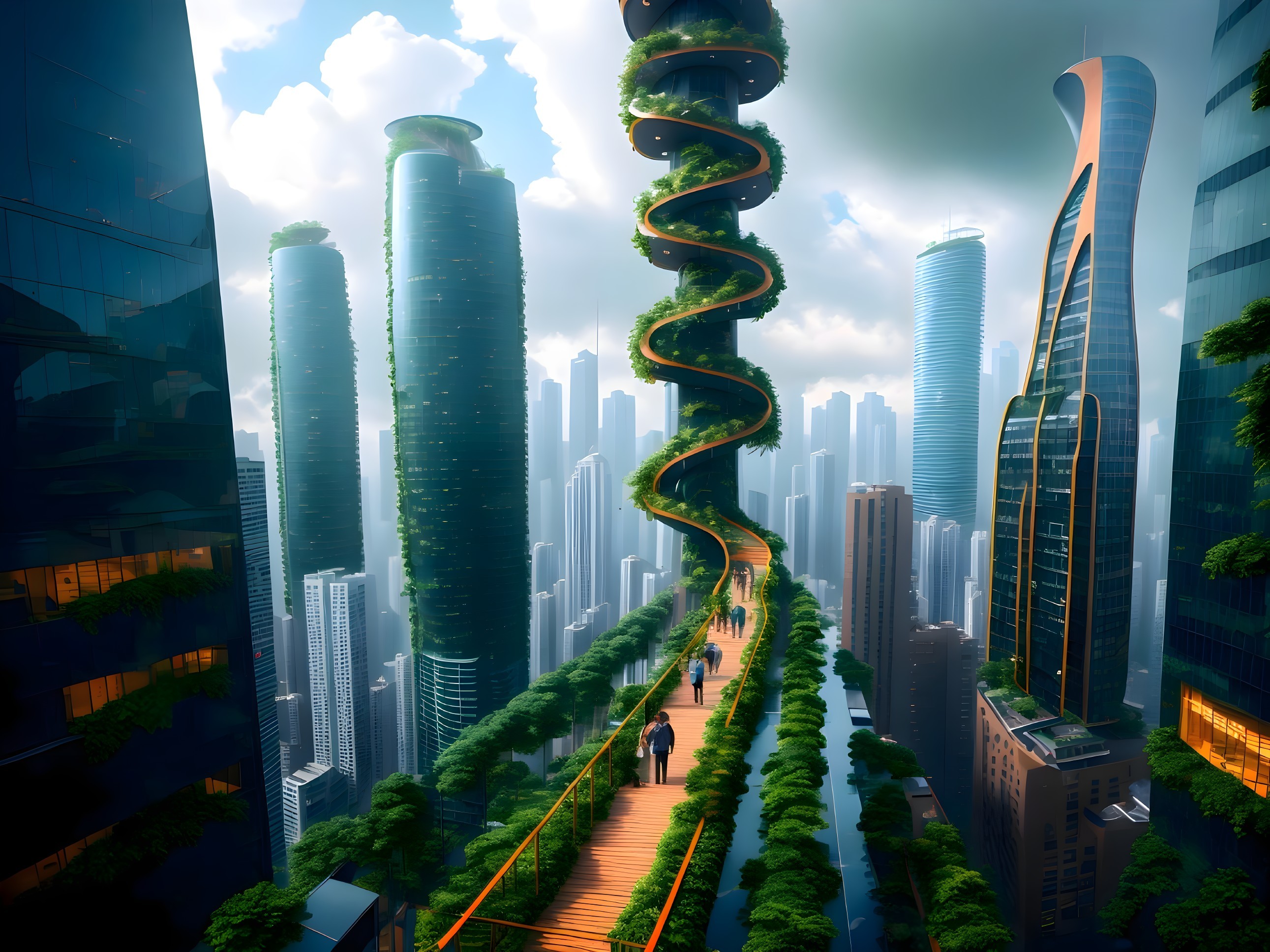 Futuristic city skyline with greenery and walkways