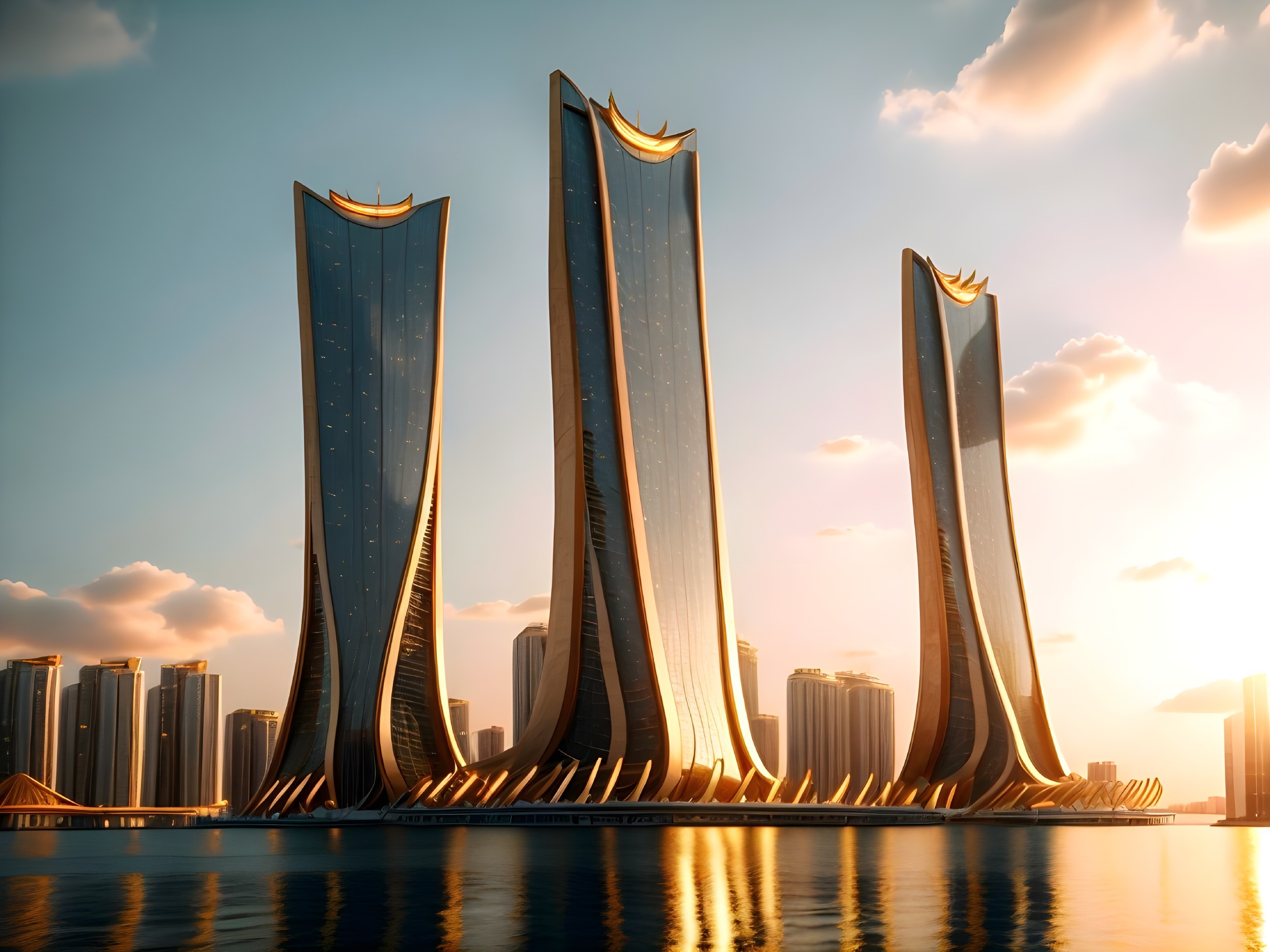 Modern Skyscrapers Against a Golden Sunset Sky